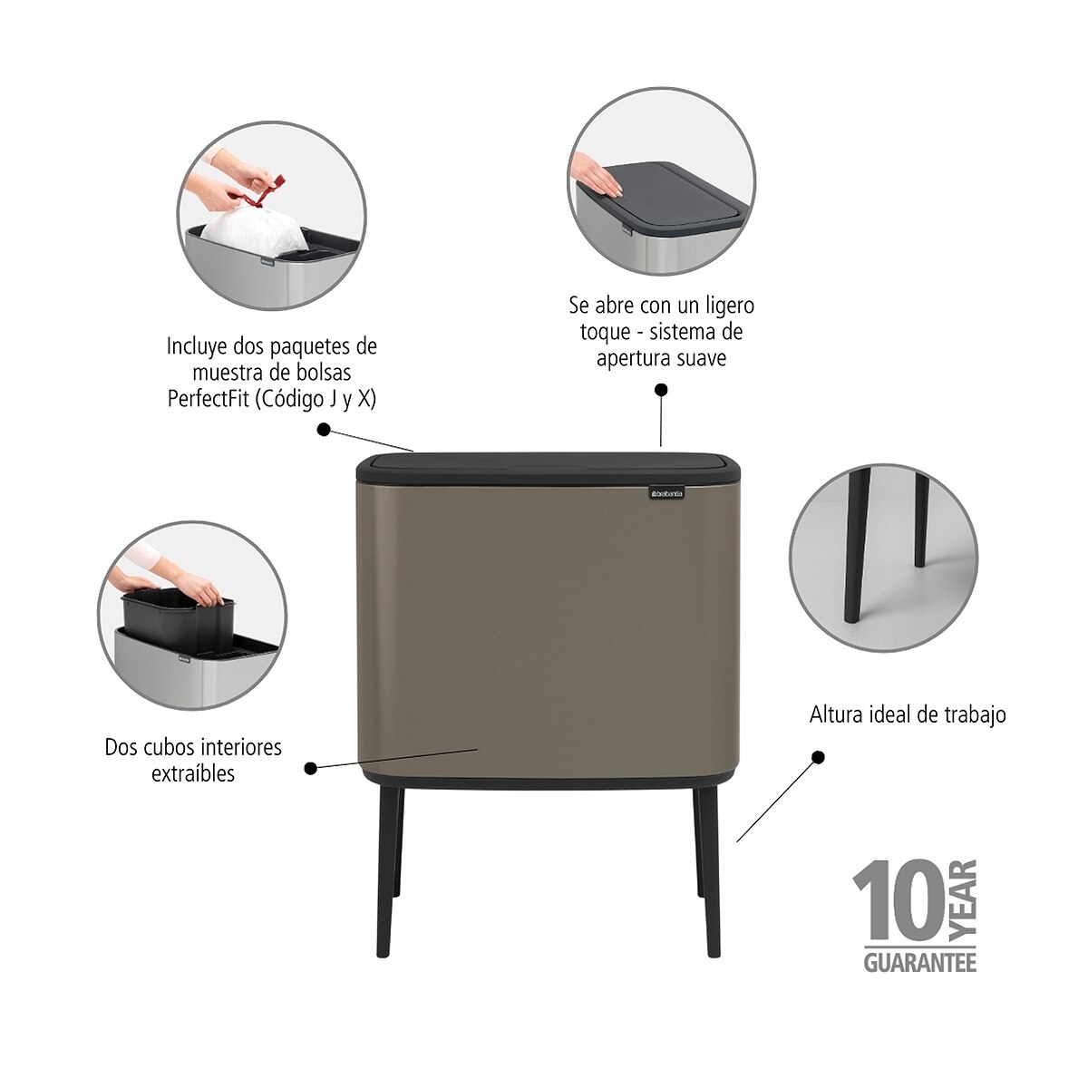 Balde do Lixo para Reciclagem BO Touch Bin 11 + 23 L Platina-7