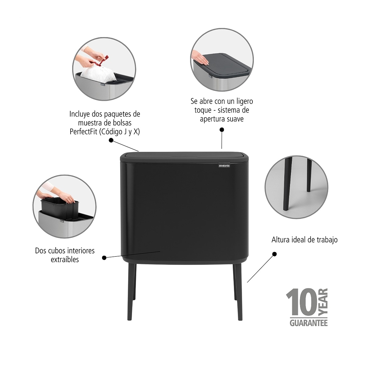 Balde do Lixo para Reciclagem BO Touch Bin 11 + 23 L Preto-5