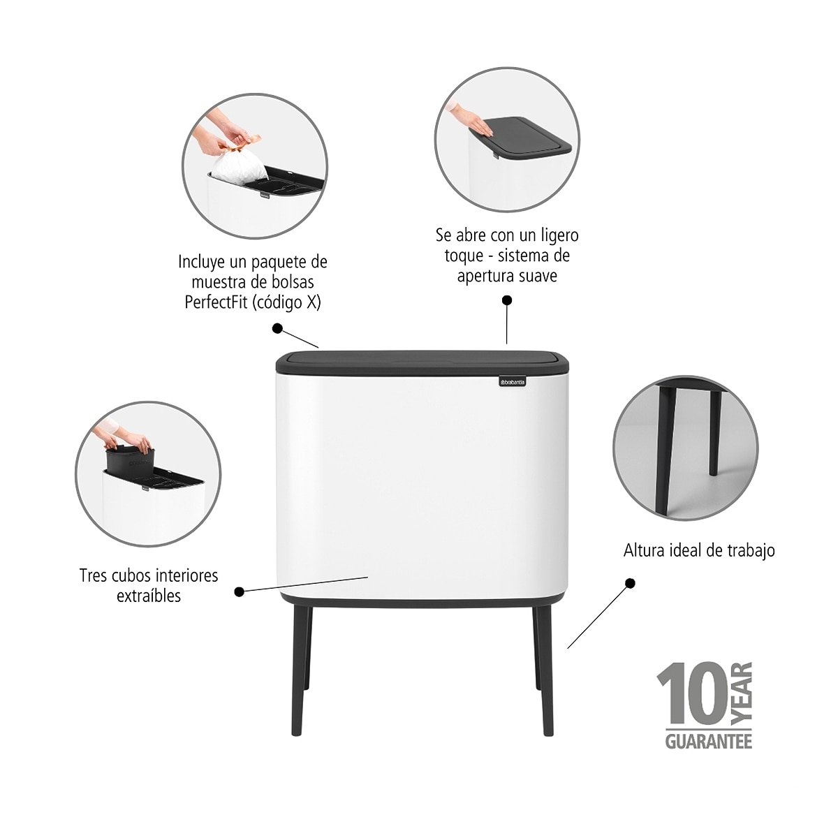 Balde do Lixo para Reciclagem BO Touch Bin 3 X 11 L Branco-7