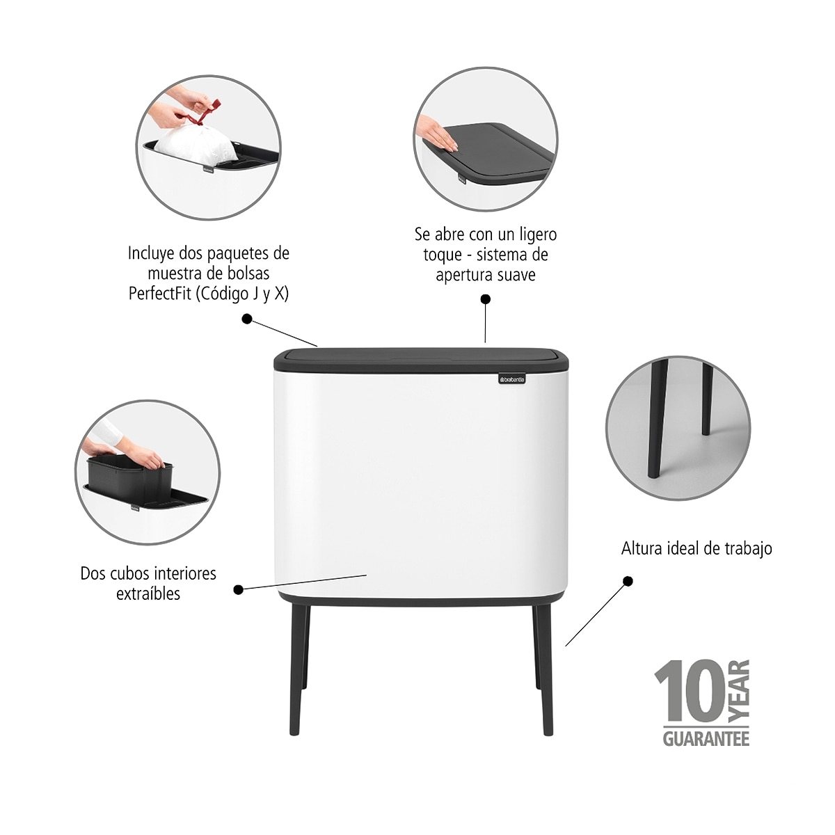 Balde do Lixo para Reciclagem BO Touch Bin 11 + 23 L Branco-7