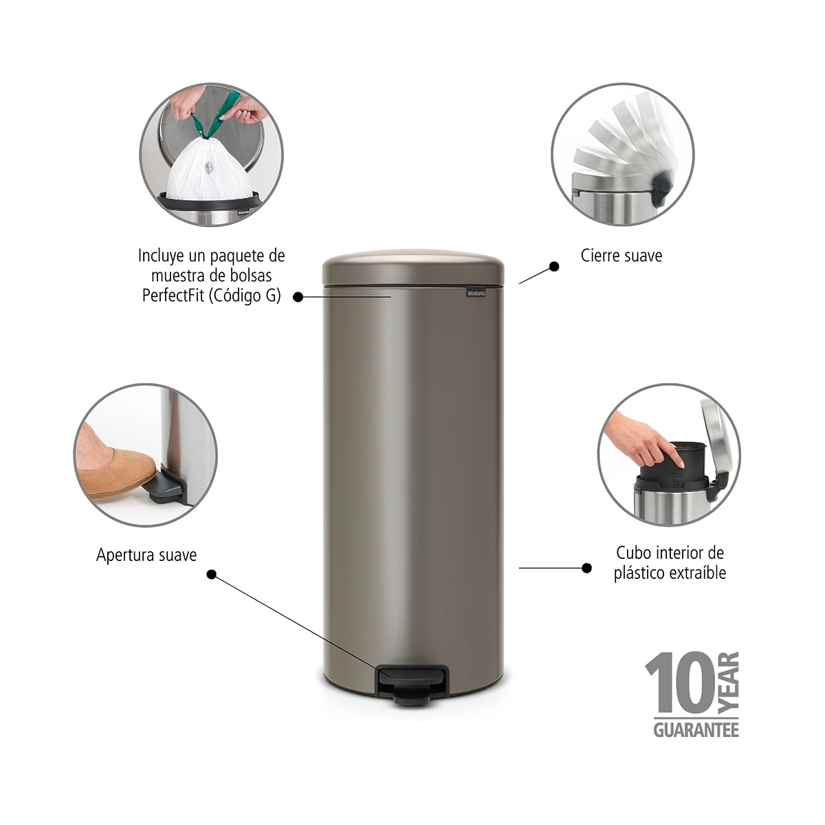 Balde do lixo com pedal Newlcon 30 L Platina-3