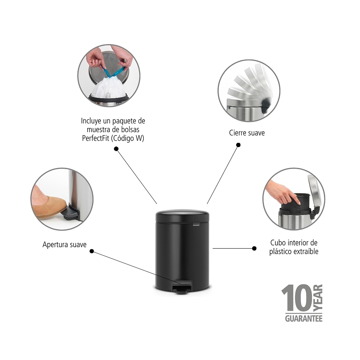 Papelera de baño con pedal NewIcon 5L Brabantia - Negro 5 litros Negro-4