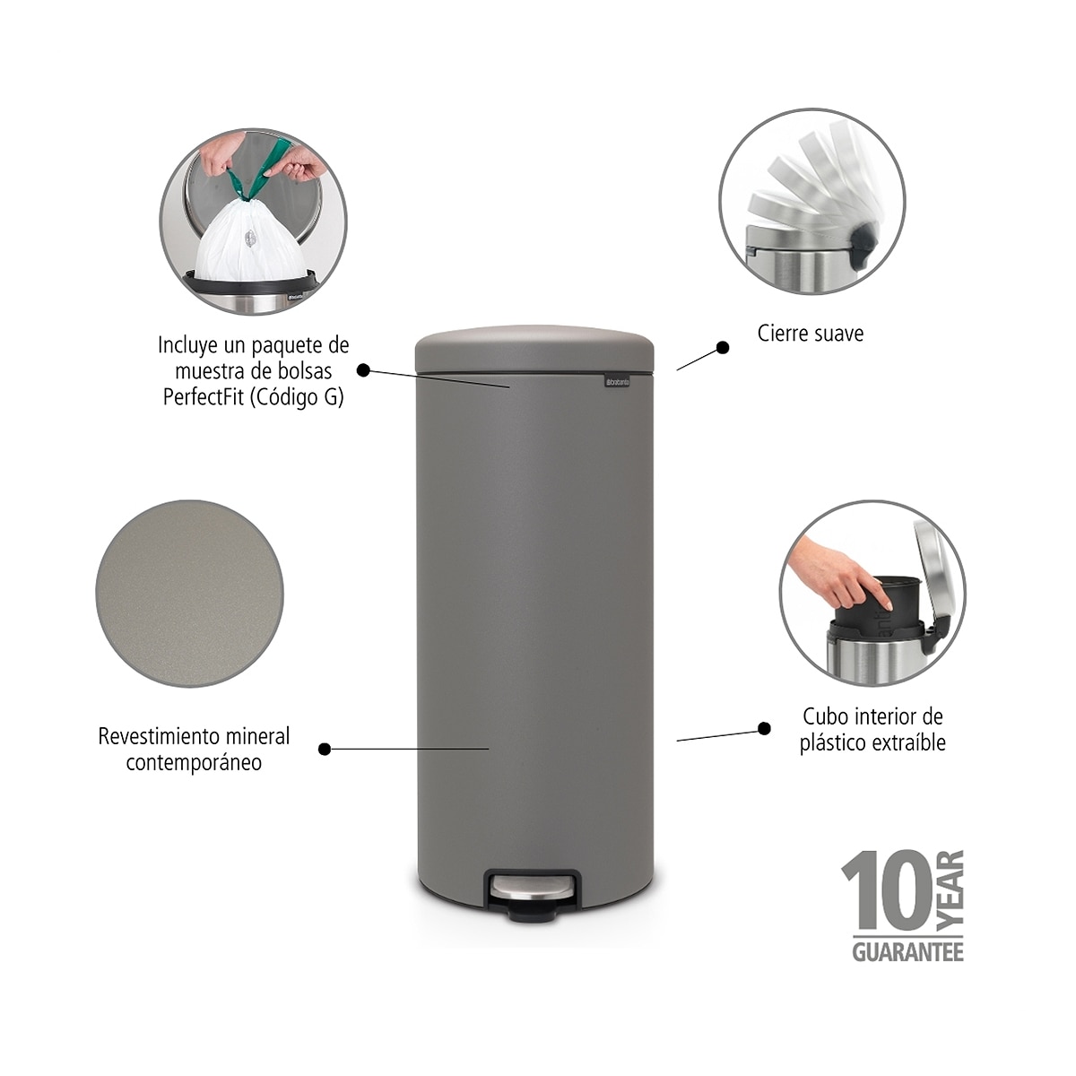 Cubo de basura con pedal Newlcon 30L Brabantia Gris Gris-3
