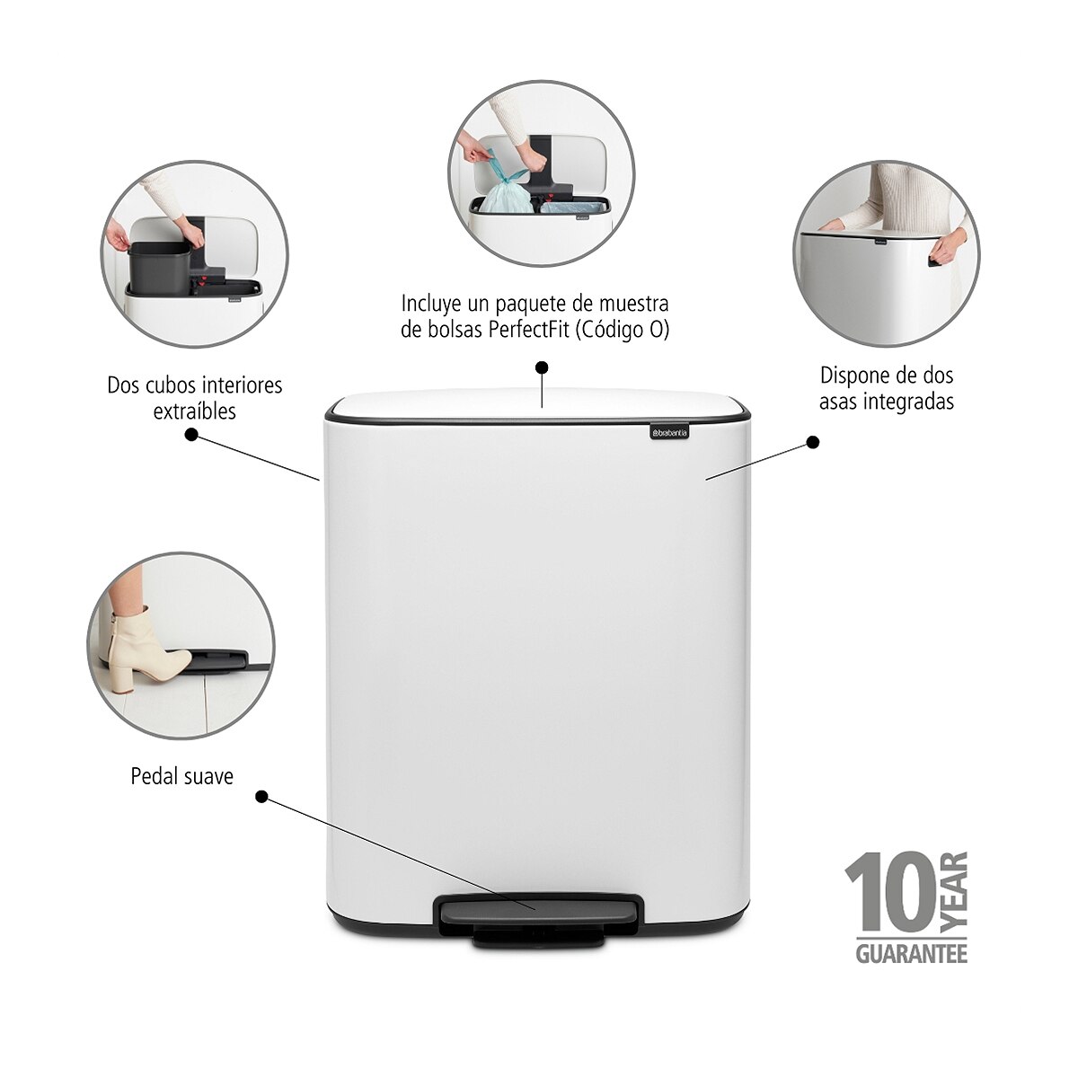 Cubo de basura con pedal para reciclar BO 2x30 L Brabantia - Blanco Blanco-4