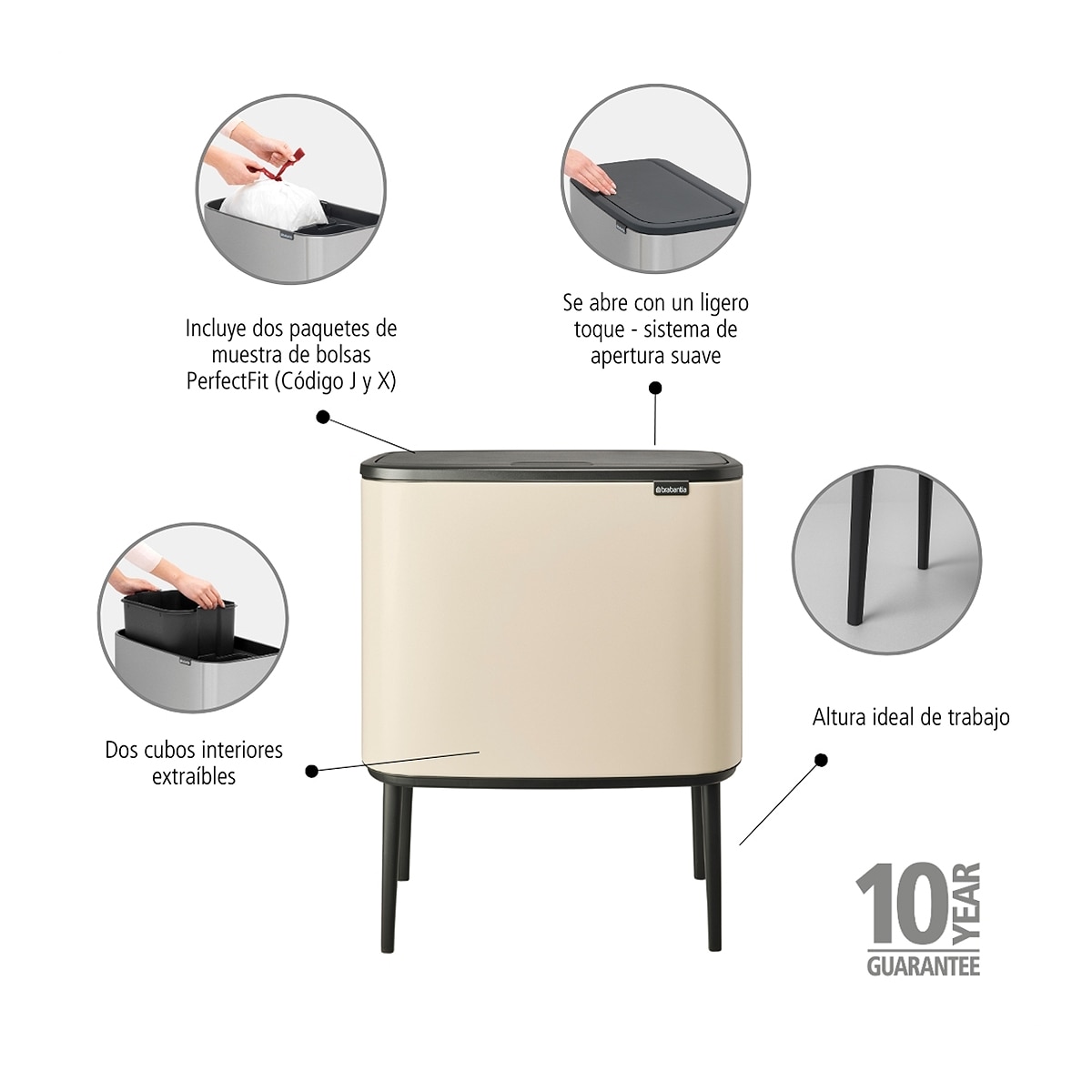 Cubo de basura para reciclar BO Touch Bin 11 + 23 L Brabantia - Beige Beige-7