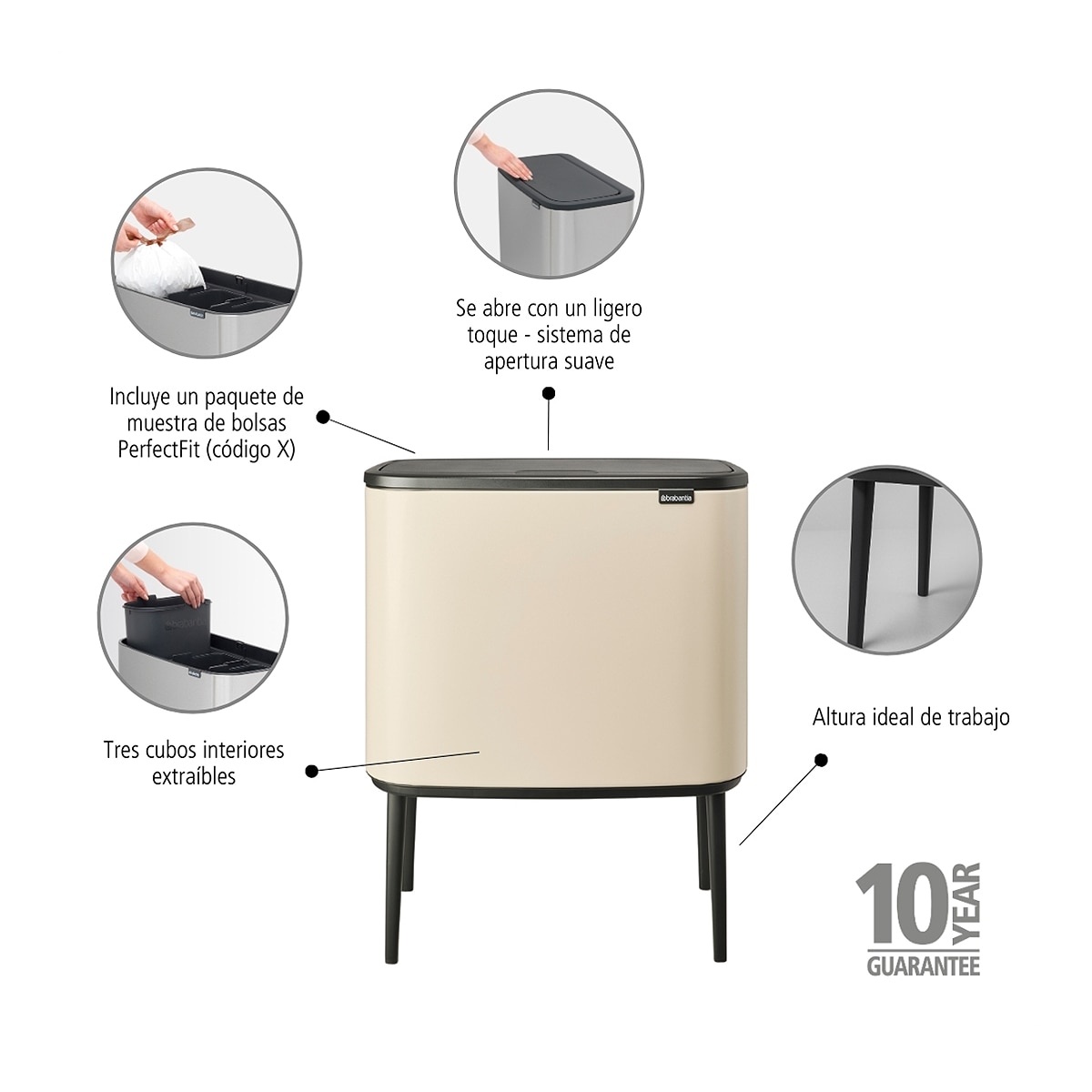 Cubo de basura para reciclar BO Touch Bin 3x11 L Brabantia - Beige Beige-6