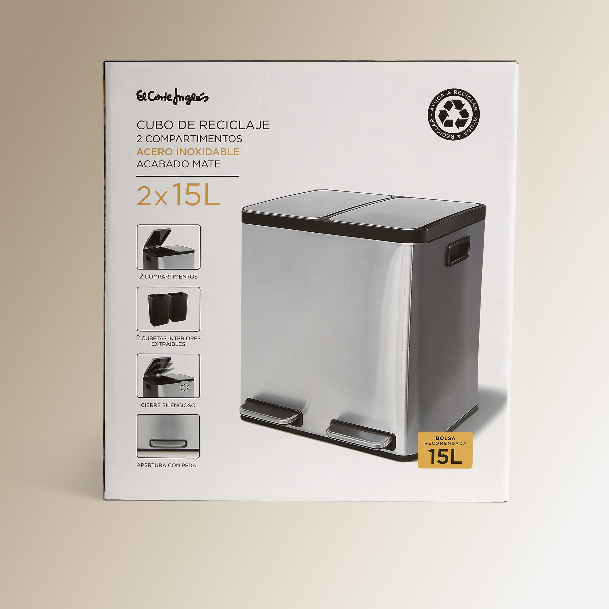 Cubo de basura con pedal 2 x 15 L Recicla Inox El Corte Inglés Acero-5