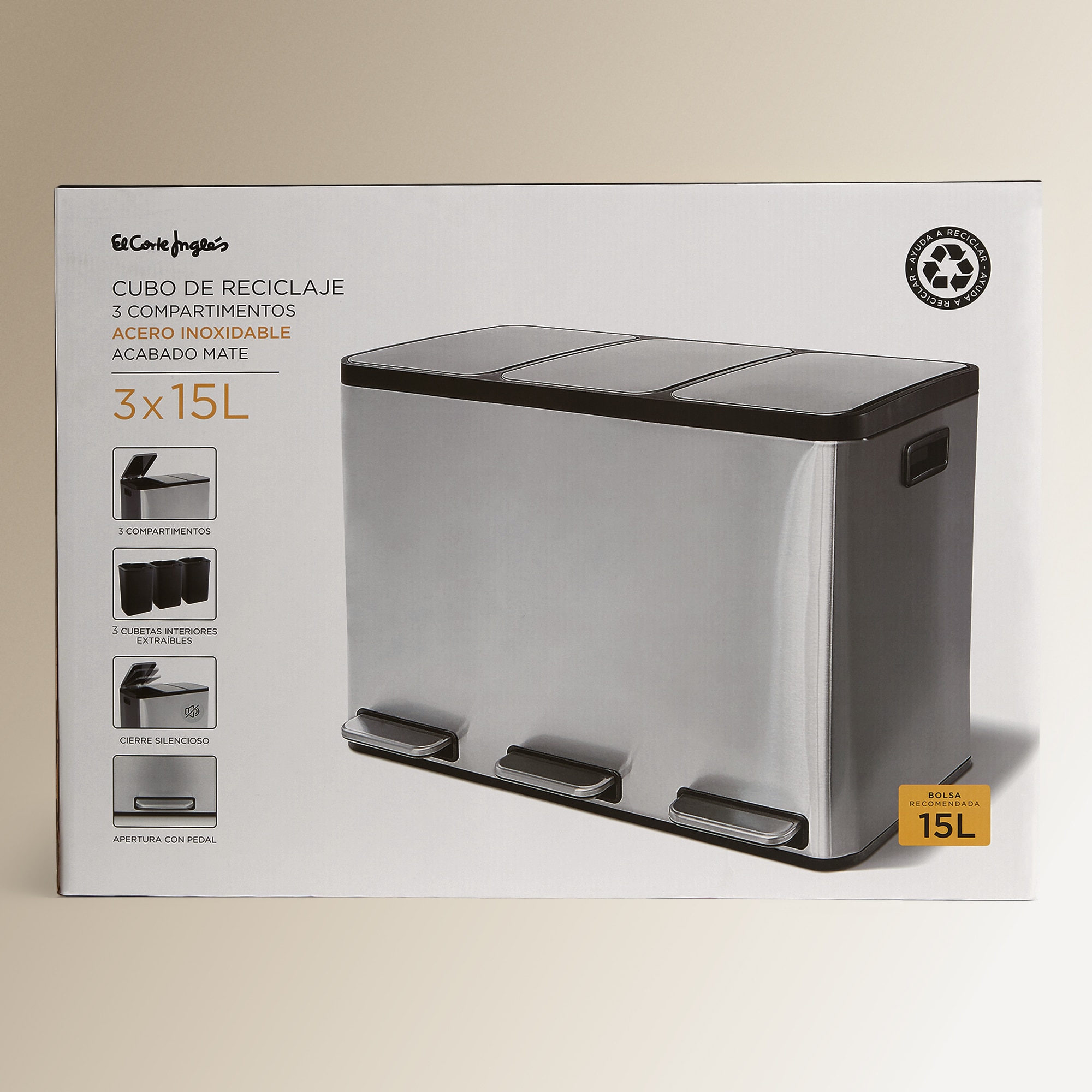 Cubo de basura con pedal 3 x 15 L Recicla Inox El Corte Inglés Acero-5