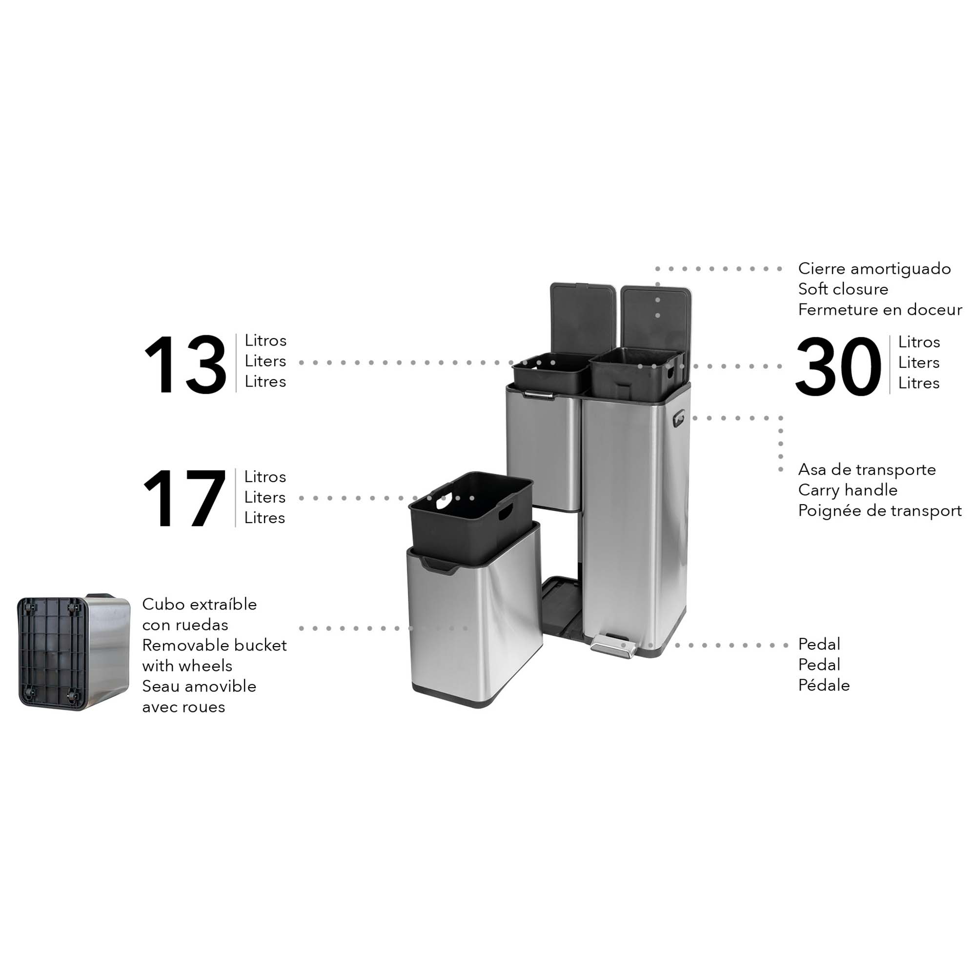 Cubo de basura 60 L con 3 compartimentos Mueble 3 Duett - Acero Acero-4