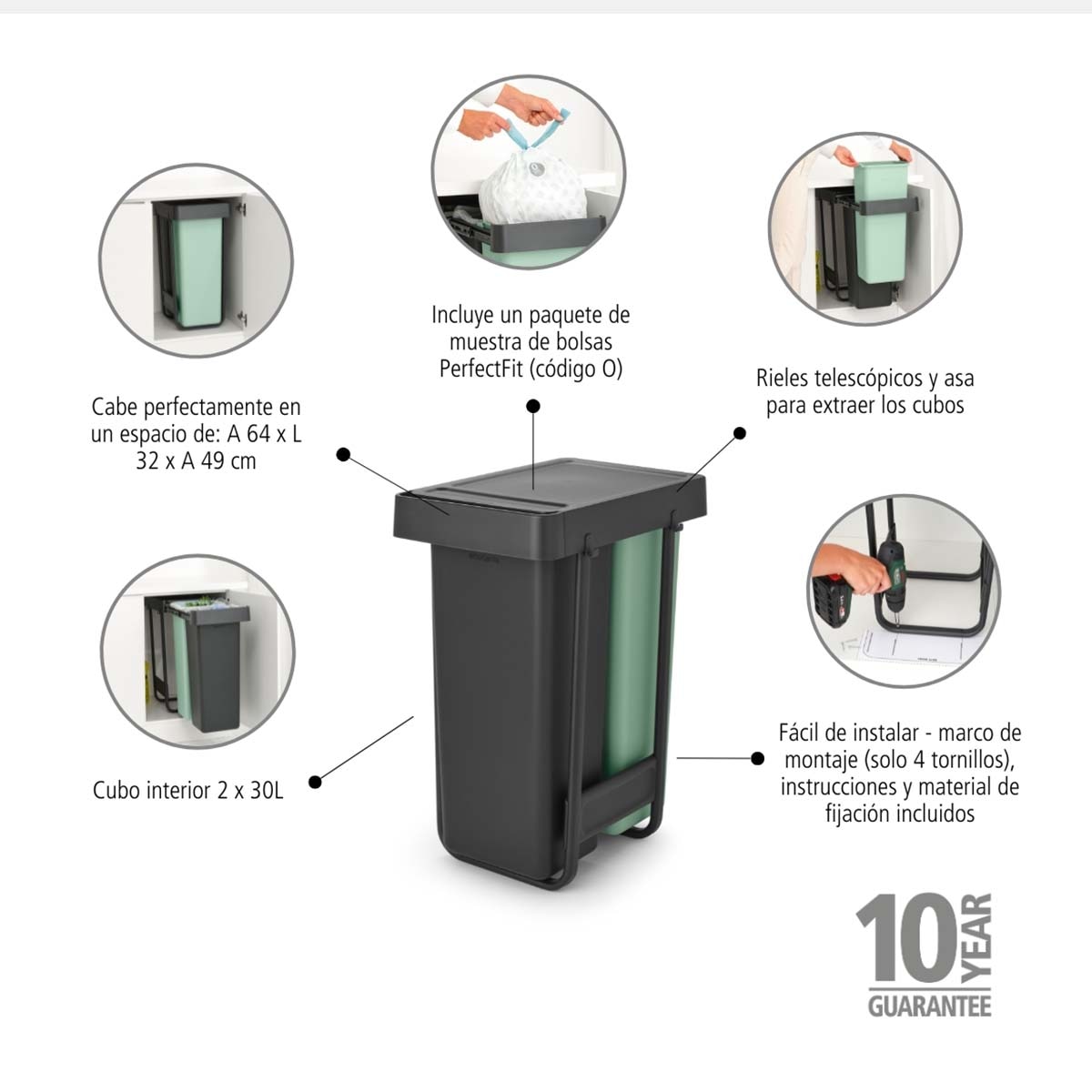 Balde do Lixo Integrado para Reciclagem Sort&Go - 2X30 L Cinzento-escuro-19