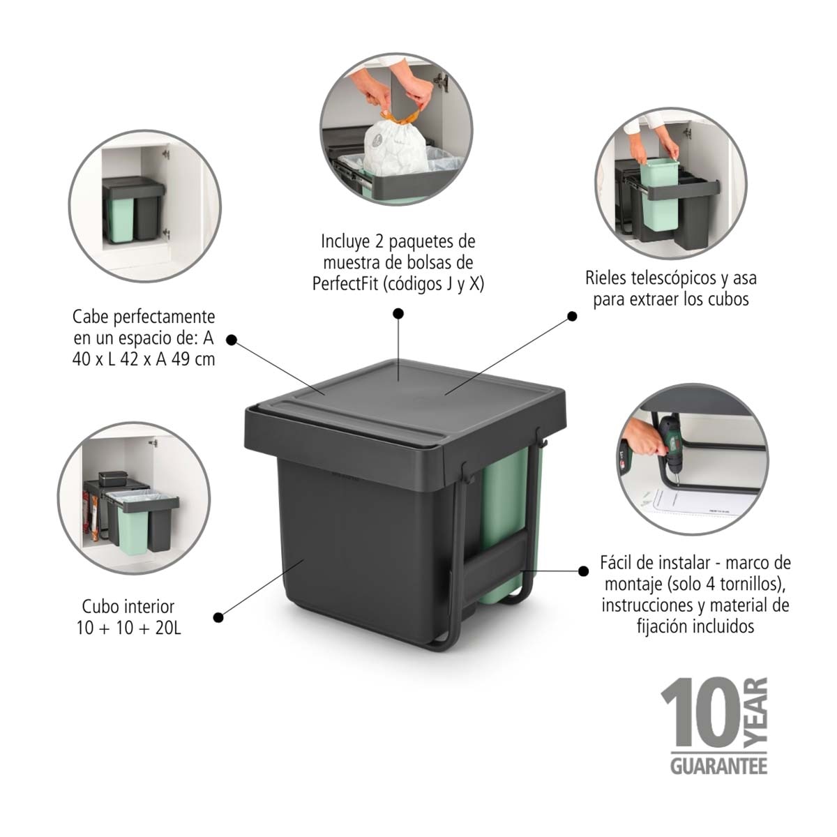 Balde do Lixo Integrado para Reciclagem Sort&Go - 10 + 10 + 20 L Cinzento-escuro-25