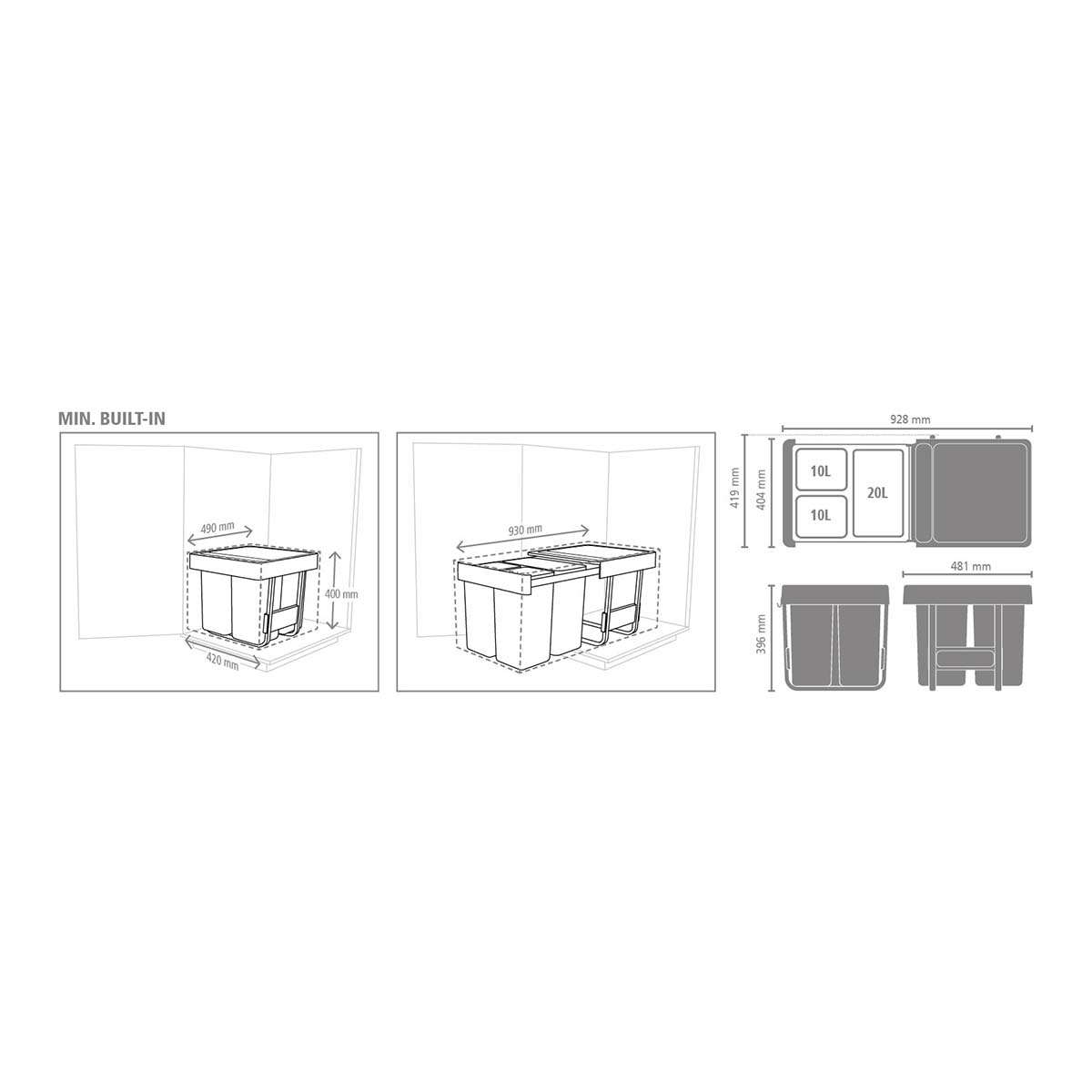 Balde do Lixo Integrado para Reciclagem Sort&Go - 10 + 10 + 20 L Cinzento-escuro-26