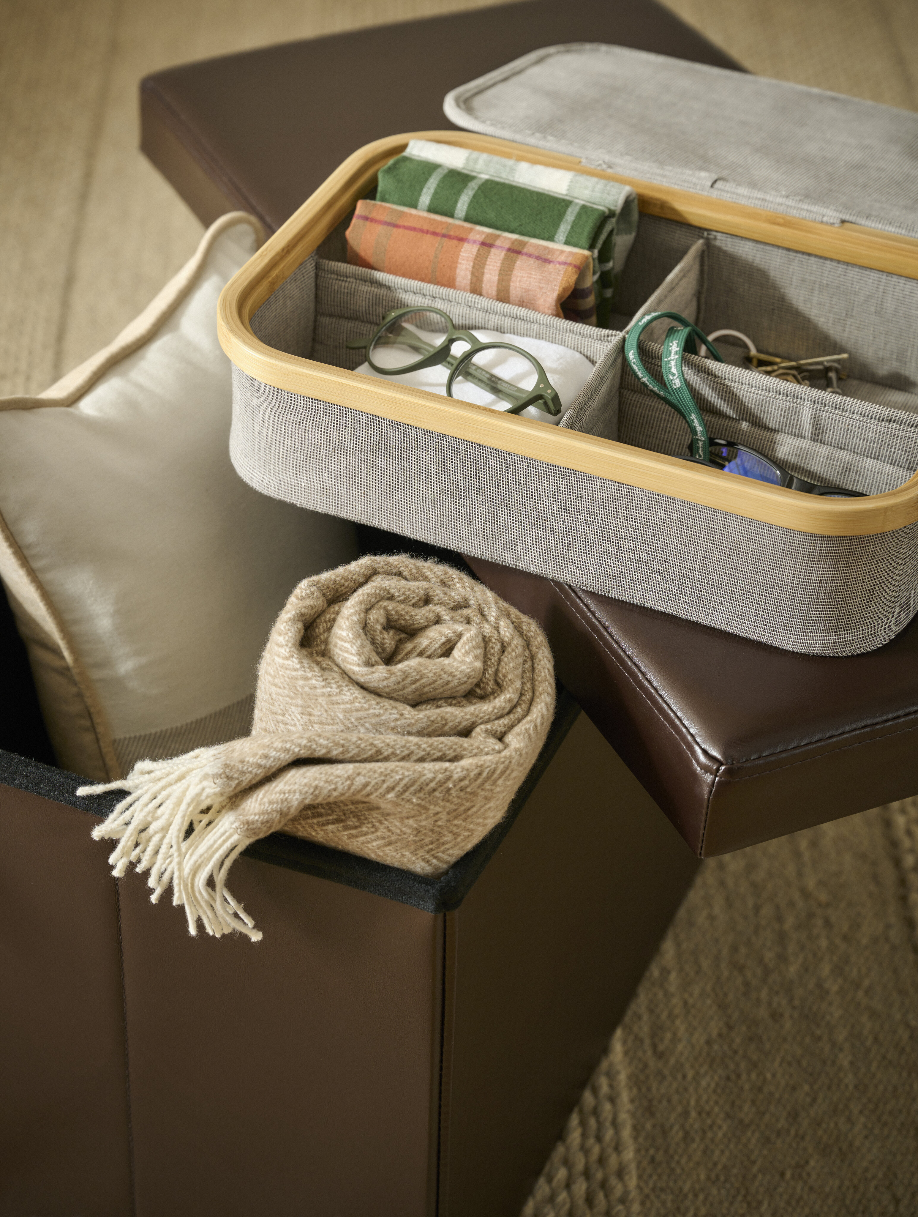 Caixa Organizadora de 4 Compartimentos Tecido + Bambu Room Cinzento / Natural-3