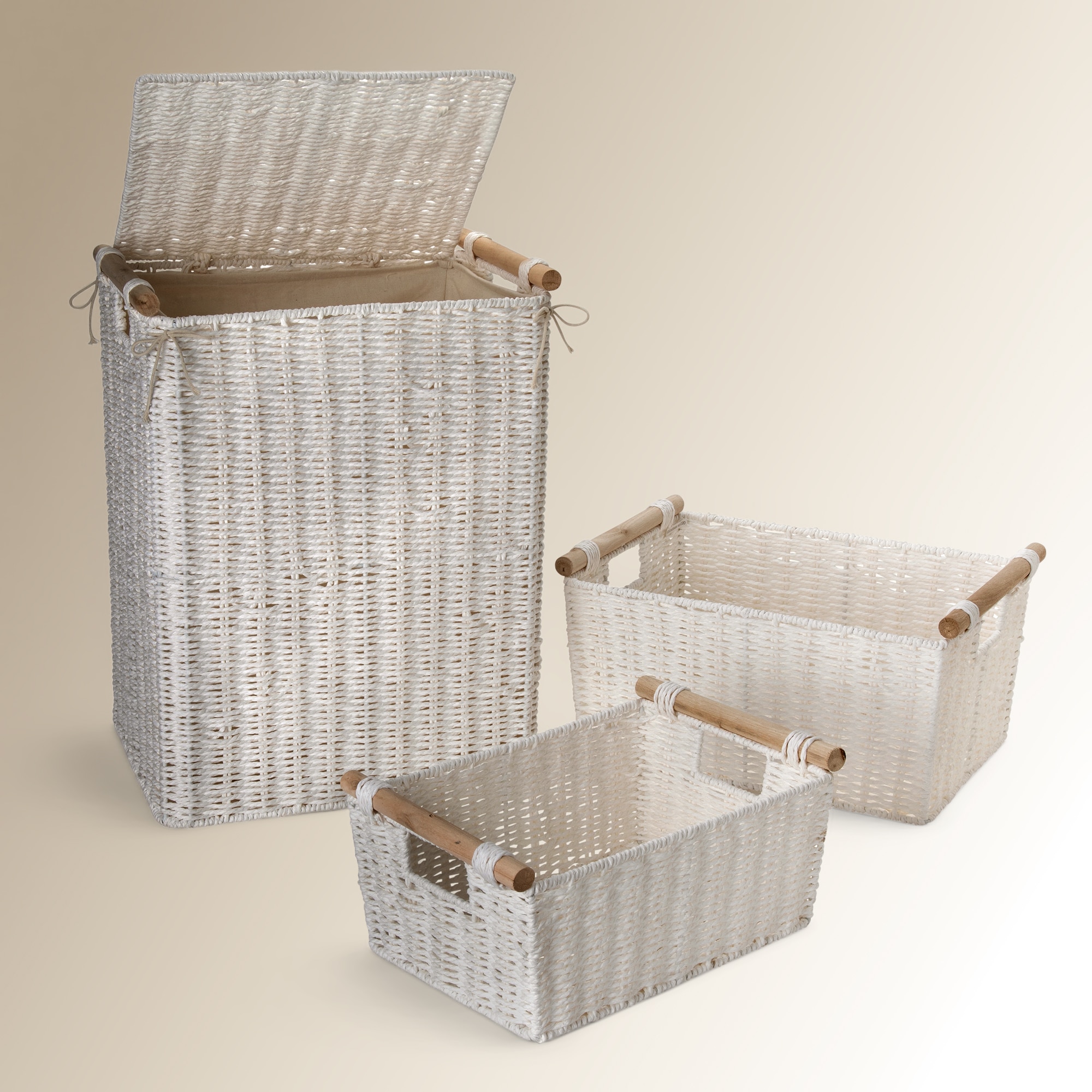 Cesto de roupa de corda de papel Branco-4