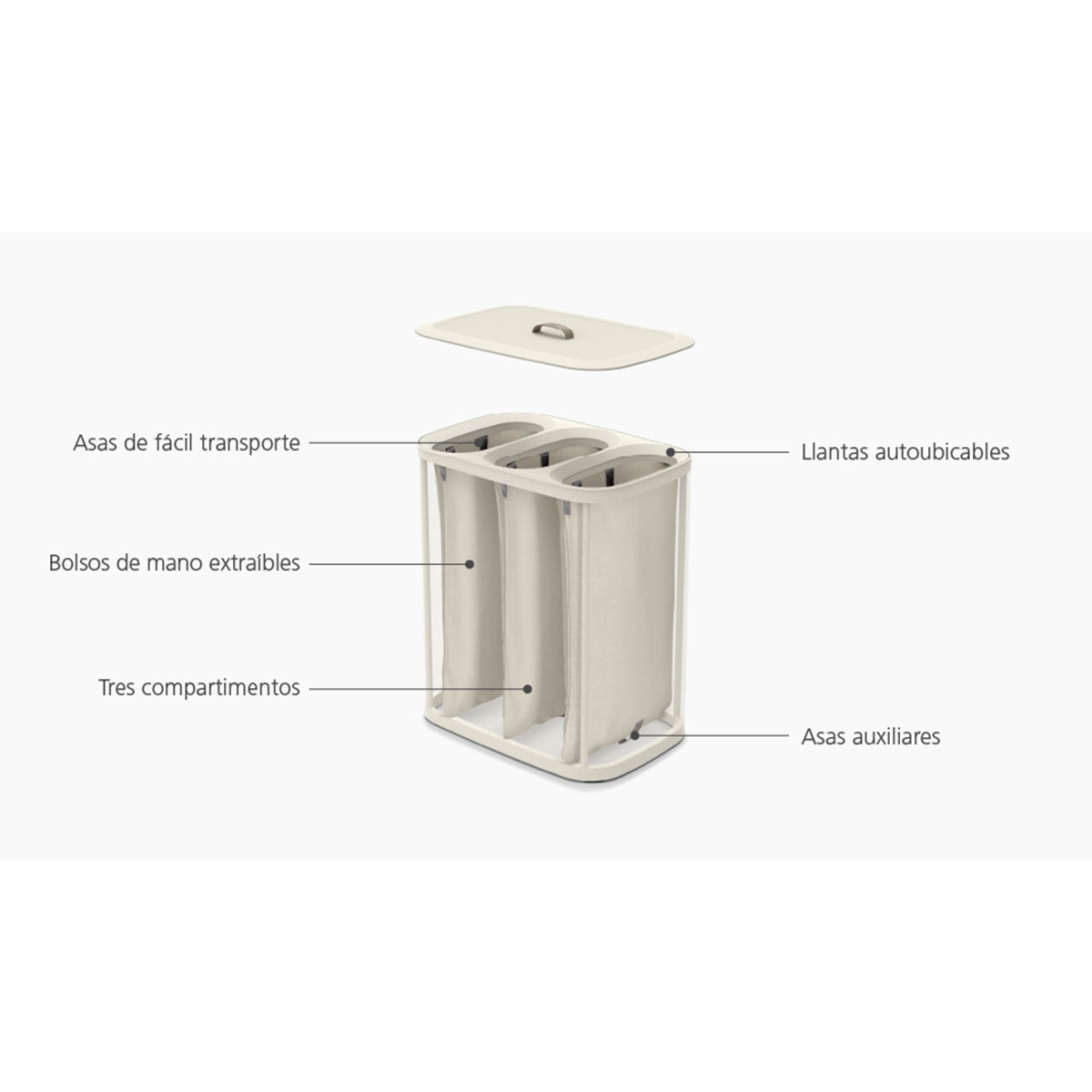 Cesto de Roupa com 3 Separadores Tota Trio Bege-claro-6