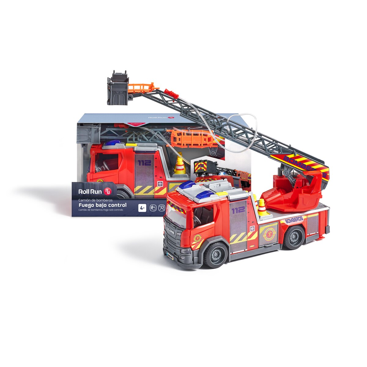 Roll Run – Camión de bomberos SCANIA con luz, sonido y bomba de agua Fuego bajo control Roll Run.