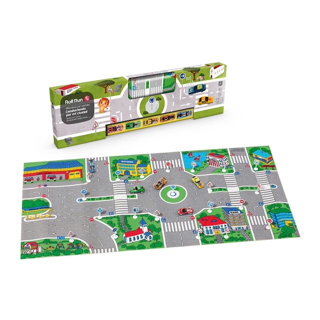 Alfombra circuito con 5 coches y señales de tráfico Conduciendo por mi ciudad Roll Run