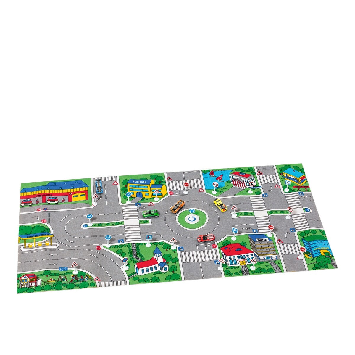 Alfombra circuito con 5 coches y señales de tráfico Conduciendo por mi ciudad Roll Run 2