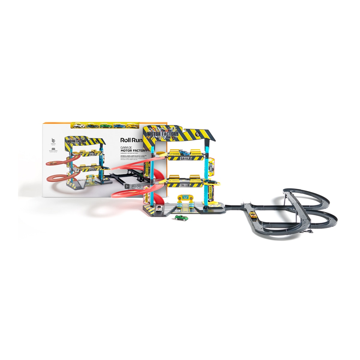 Roll Run – Parking garaje de 3 plantas con elevador, pistas y 5 coches Motor Factory Roll Run.