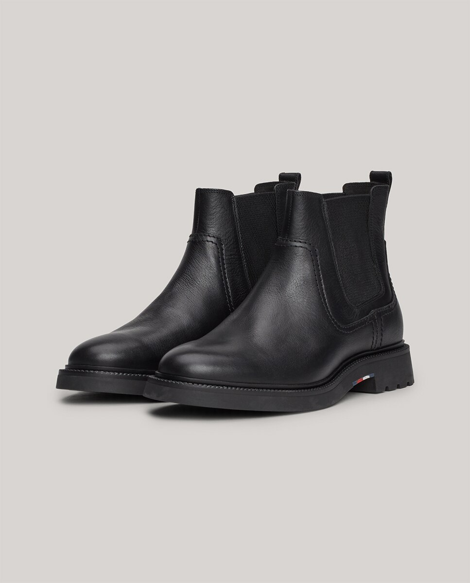 Botins Chelsea em Pele com Desenho Ligeiro Preto-4