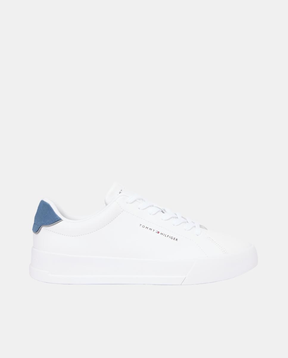 Sapatilhas em Pele com Salto em Contraste - Branco/Azul Branco-1