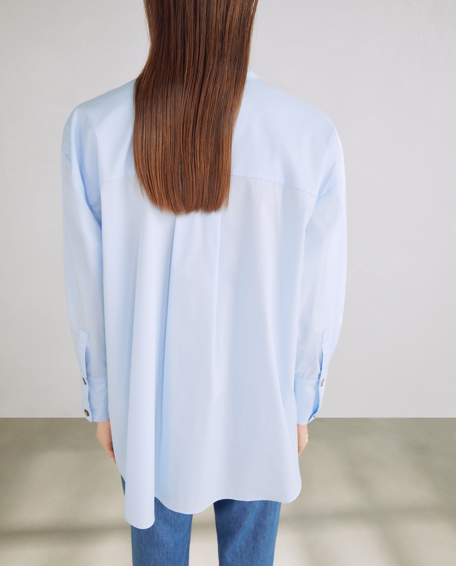 Camisa de Manga Comprida e em Popelina Azul-claro-9