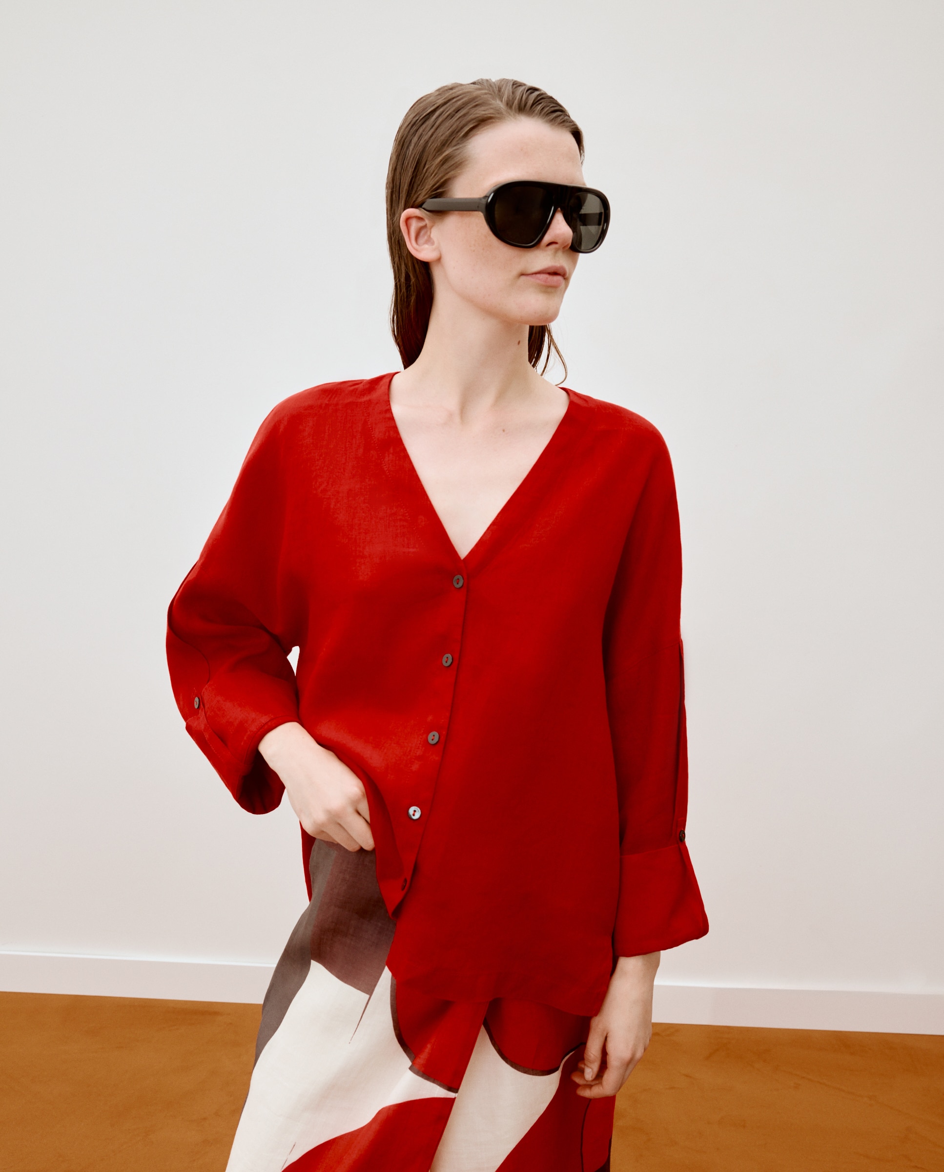 Blusa de Manga 3/4 e Decote em Bico 600 Vermelho-3