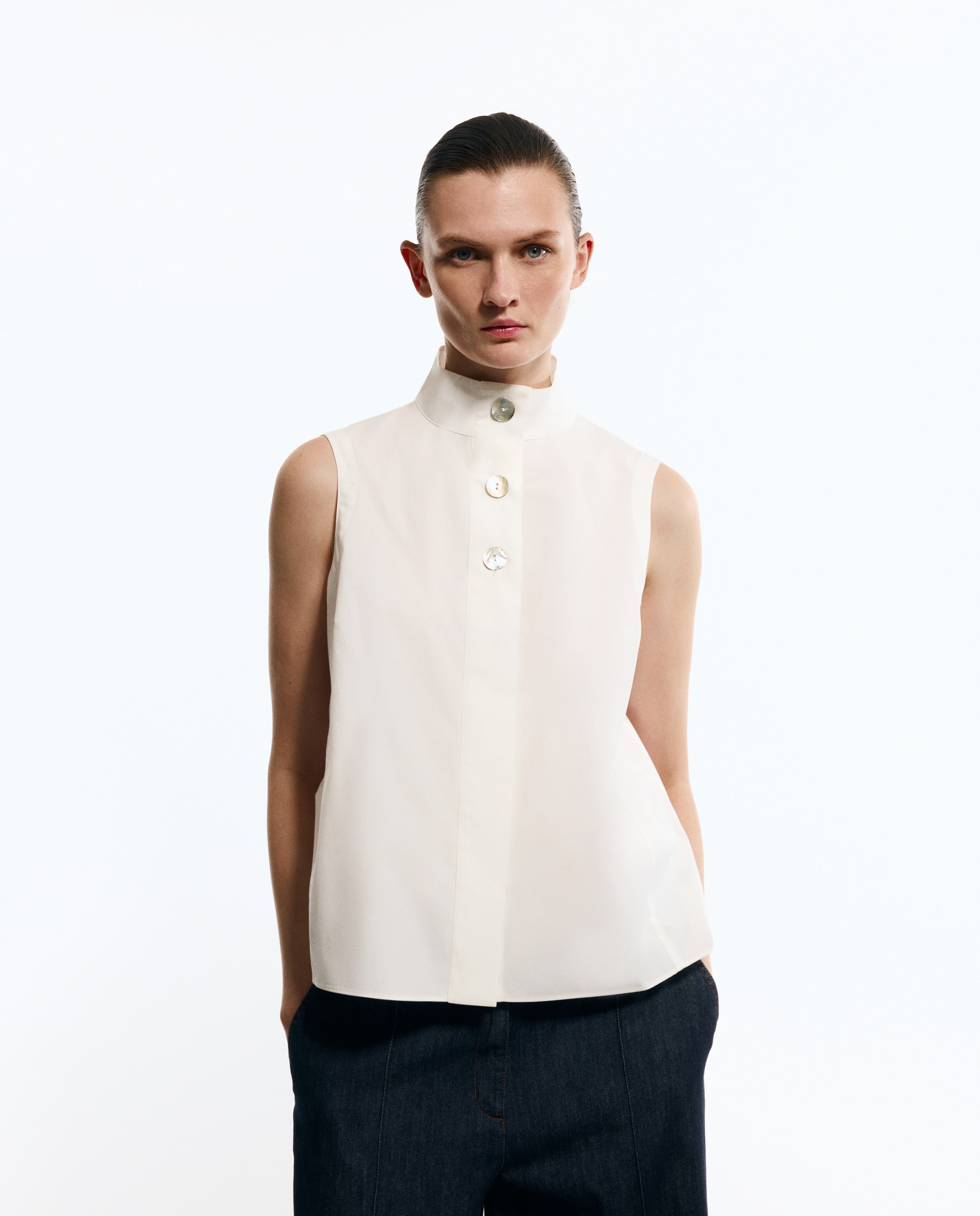 Camisa de mujer sin mangas con cuello camisero popelín - Woman Limited El Corte Inglés - Blanco Blanco-2