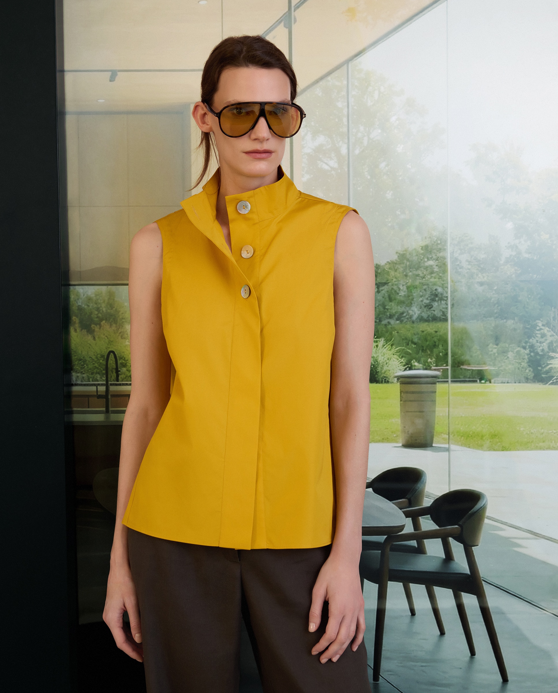 Imagen 0 de Camisa de mujer sin mangas con cuello camisero popelín 300 Amarillo