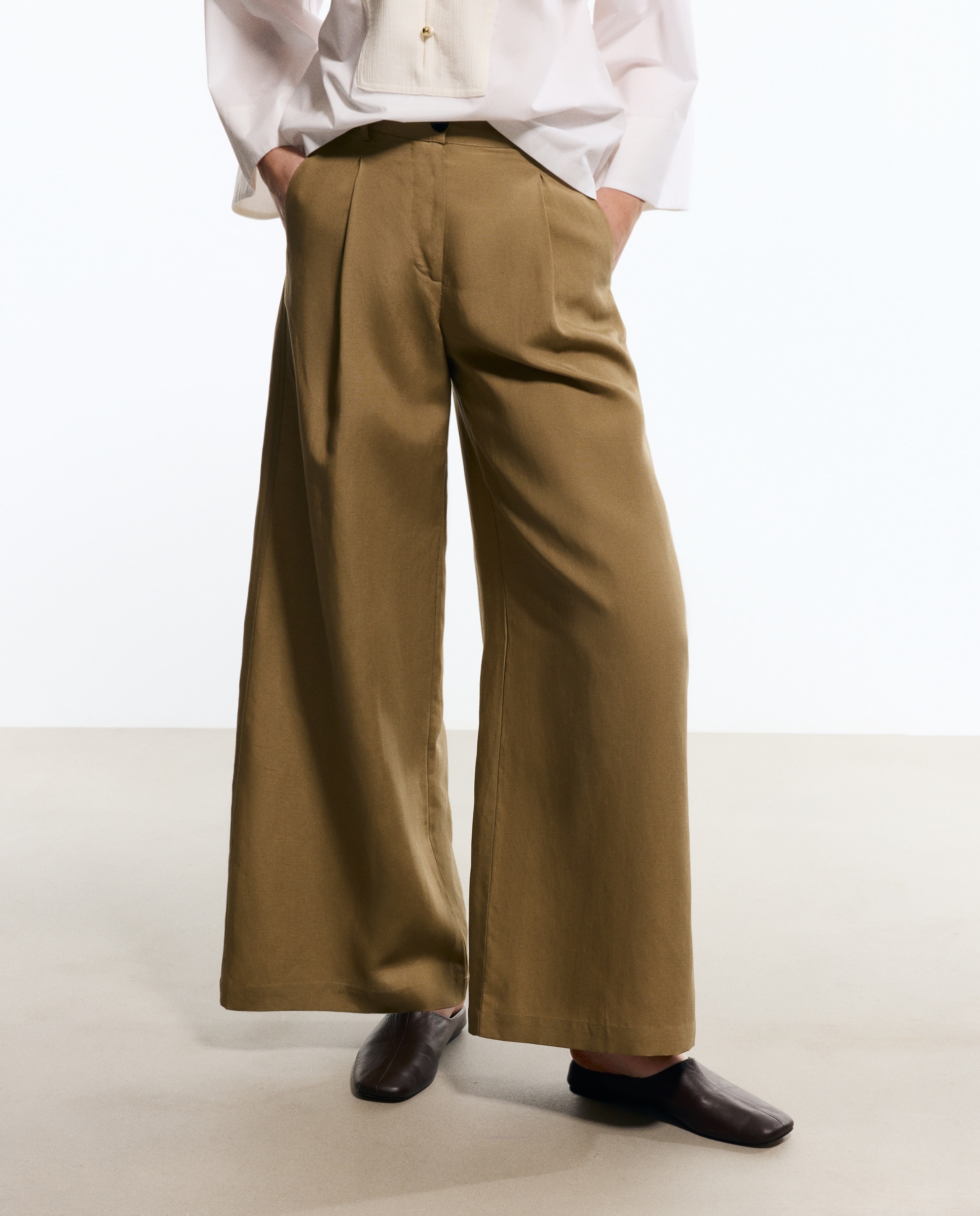 Pantalón de lino de mujer tipo palazzo - Woman Limited El Corte Inglés - Beige Beige-2