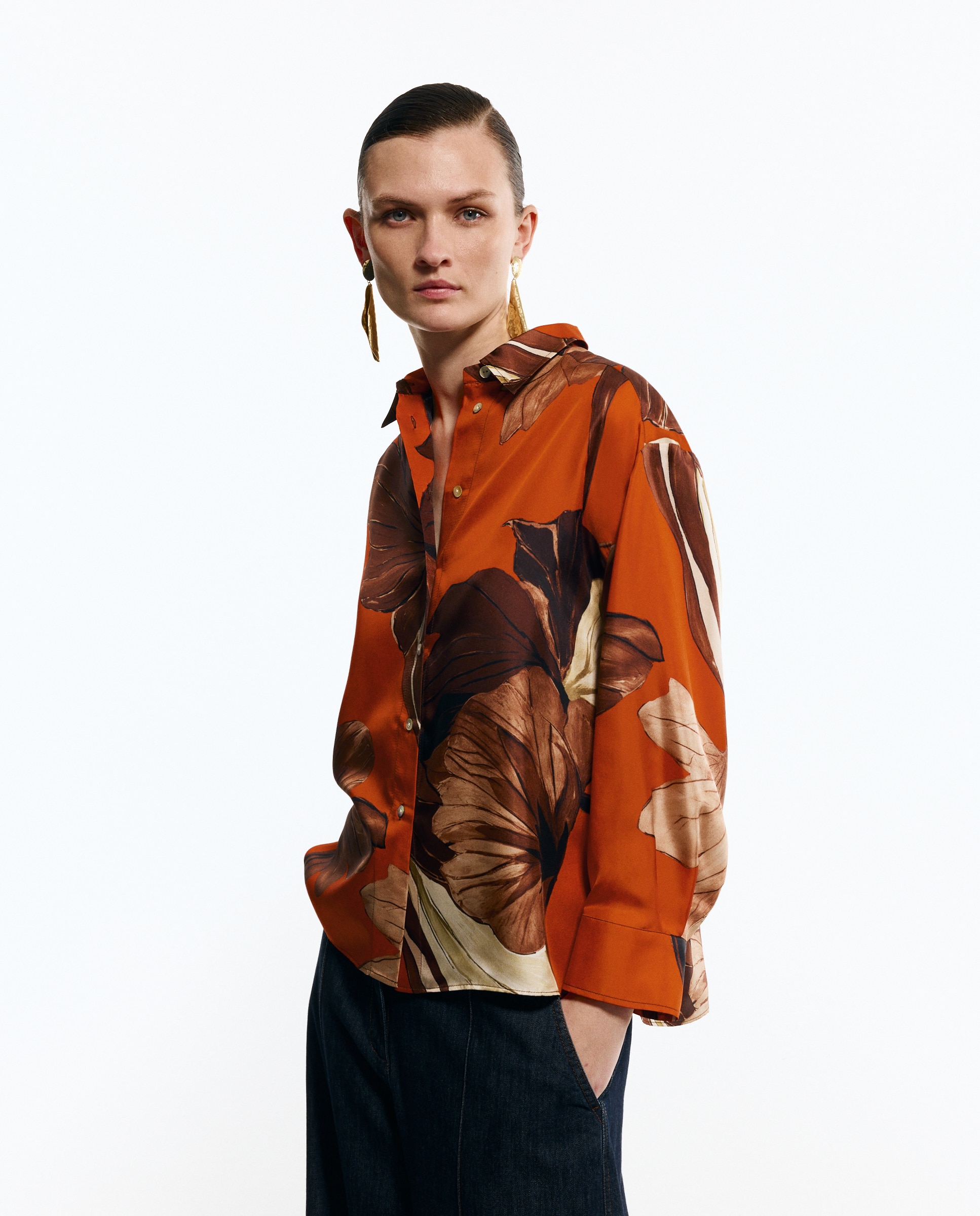 Camisa de Seda Estampada Amarelo-2