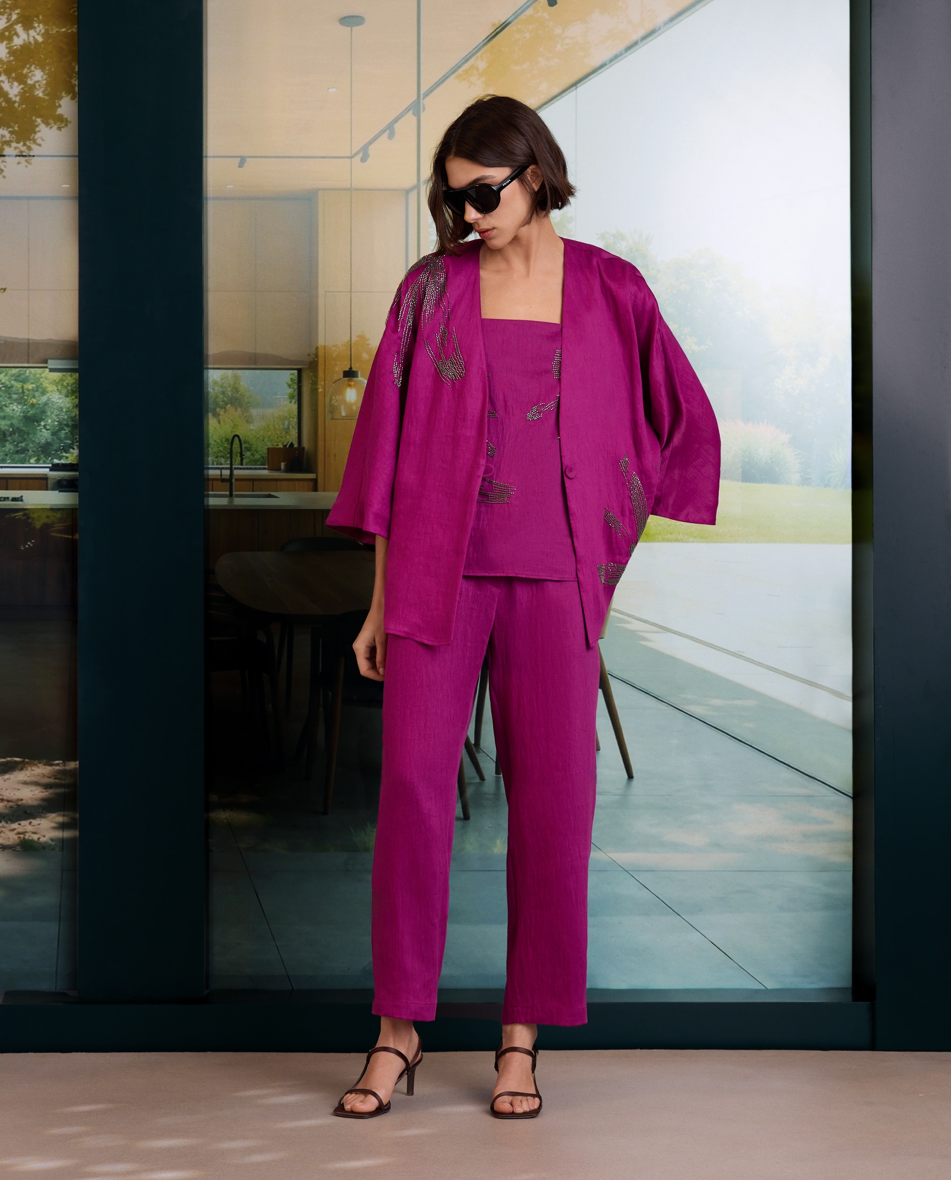 Calças Carrot de Conjunto de Kimono Enrugado 200 Rosa-1