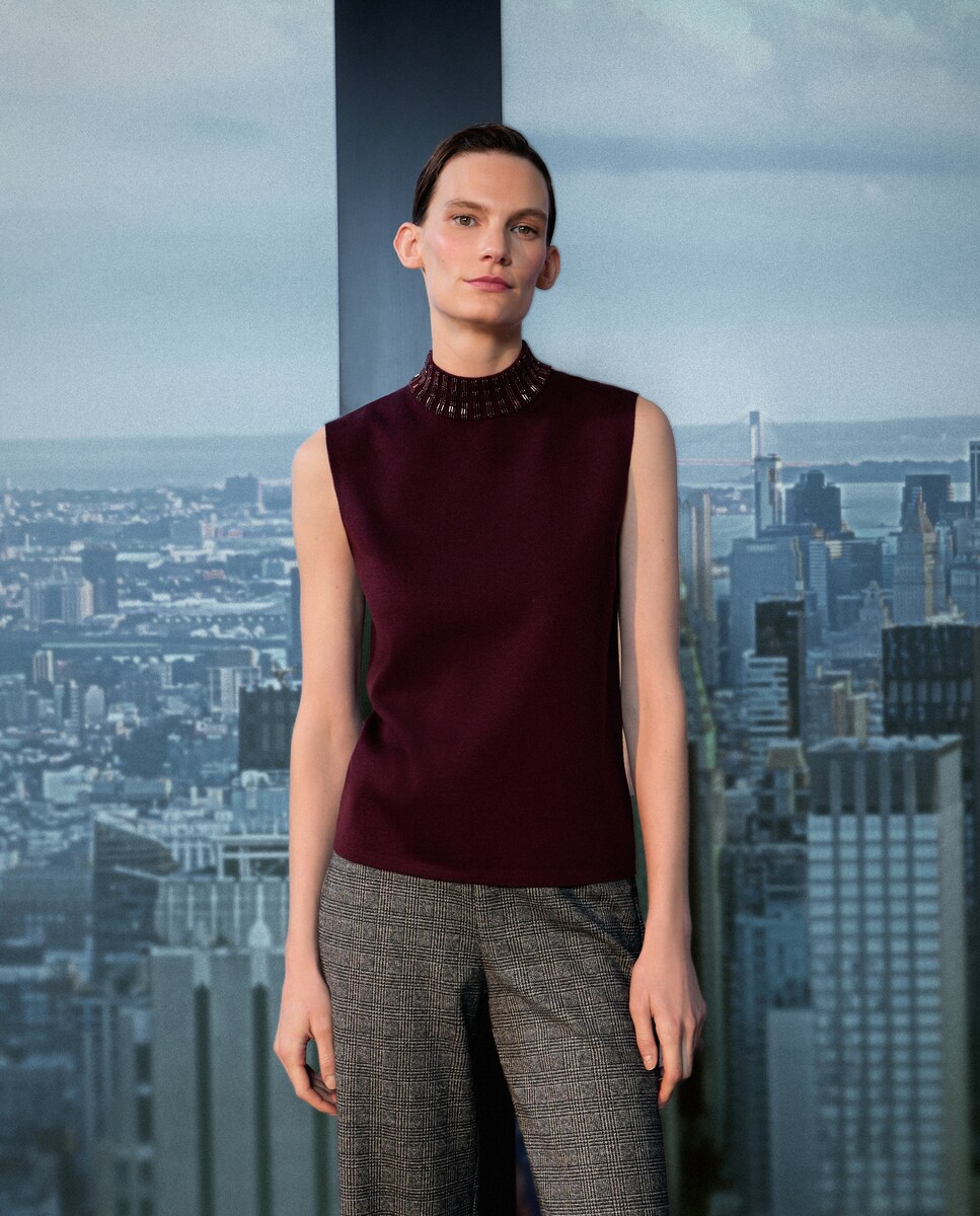 Camisola de Malha com Meia Gola e Bolinhas Bordeaux-2