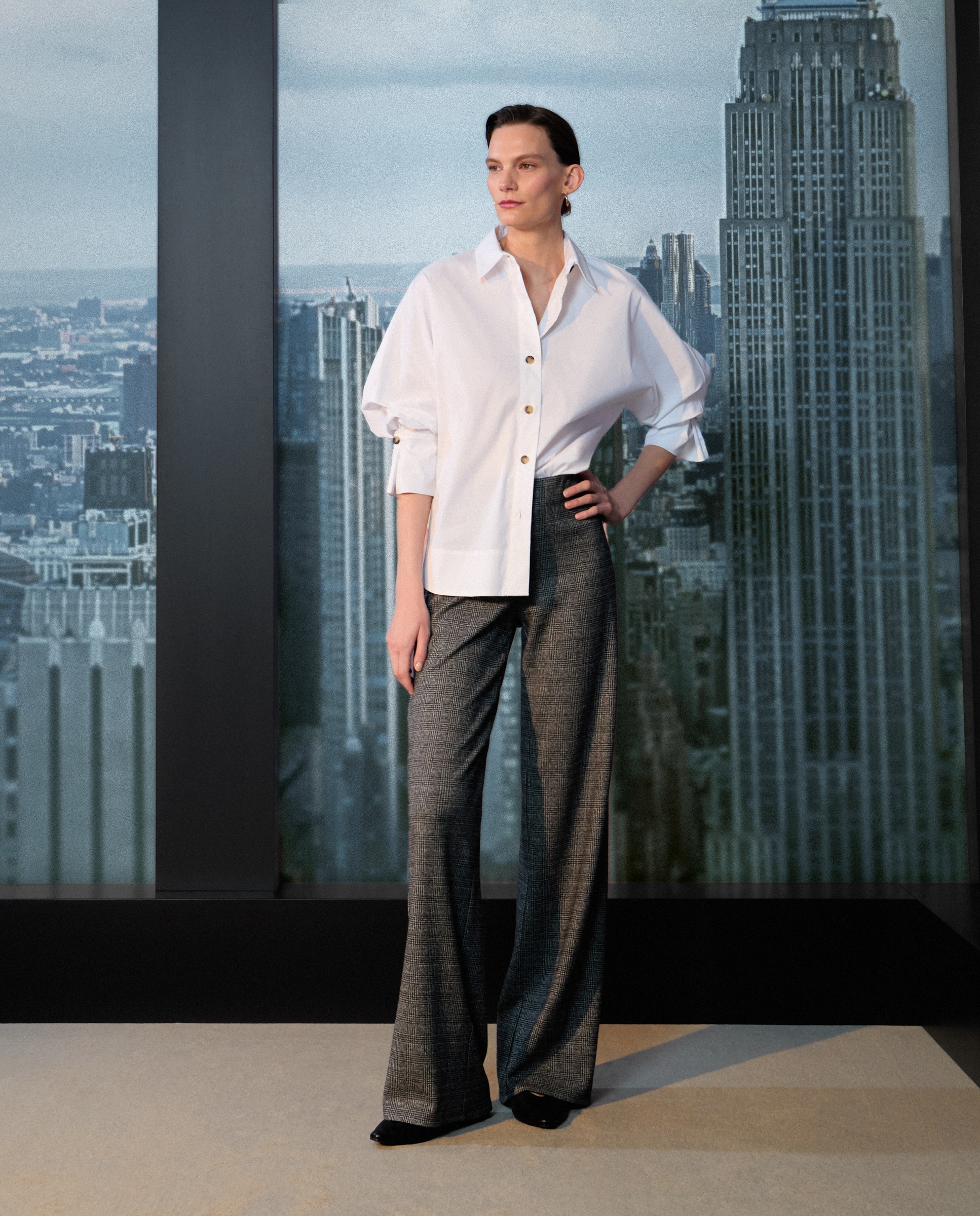 Calças de Malha aos Quadrados Preto-1