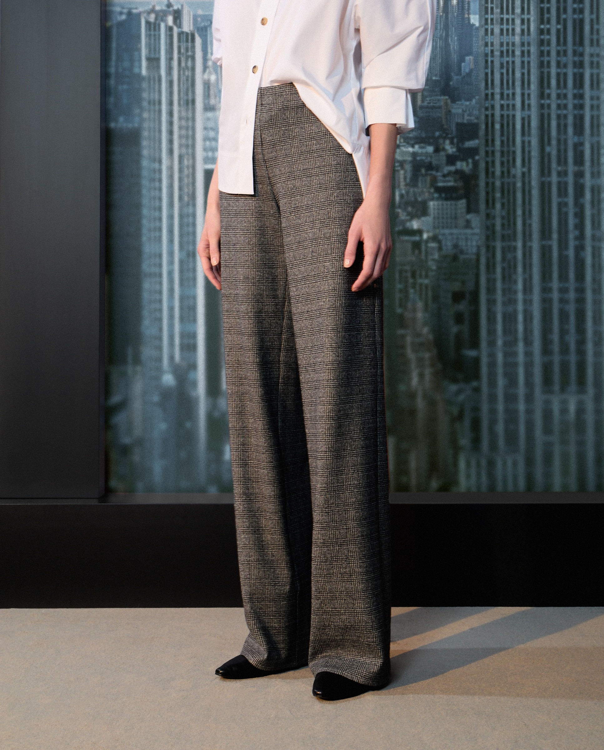 Calças de Malha aos Quadrados Preto-2