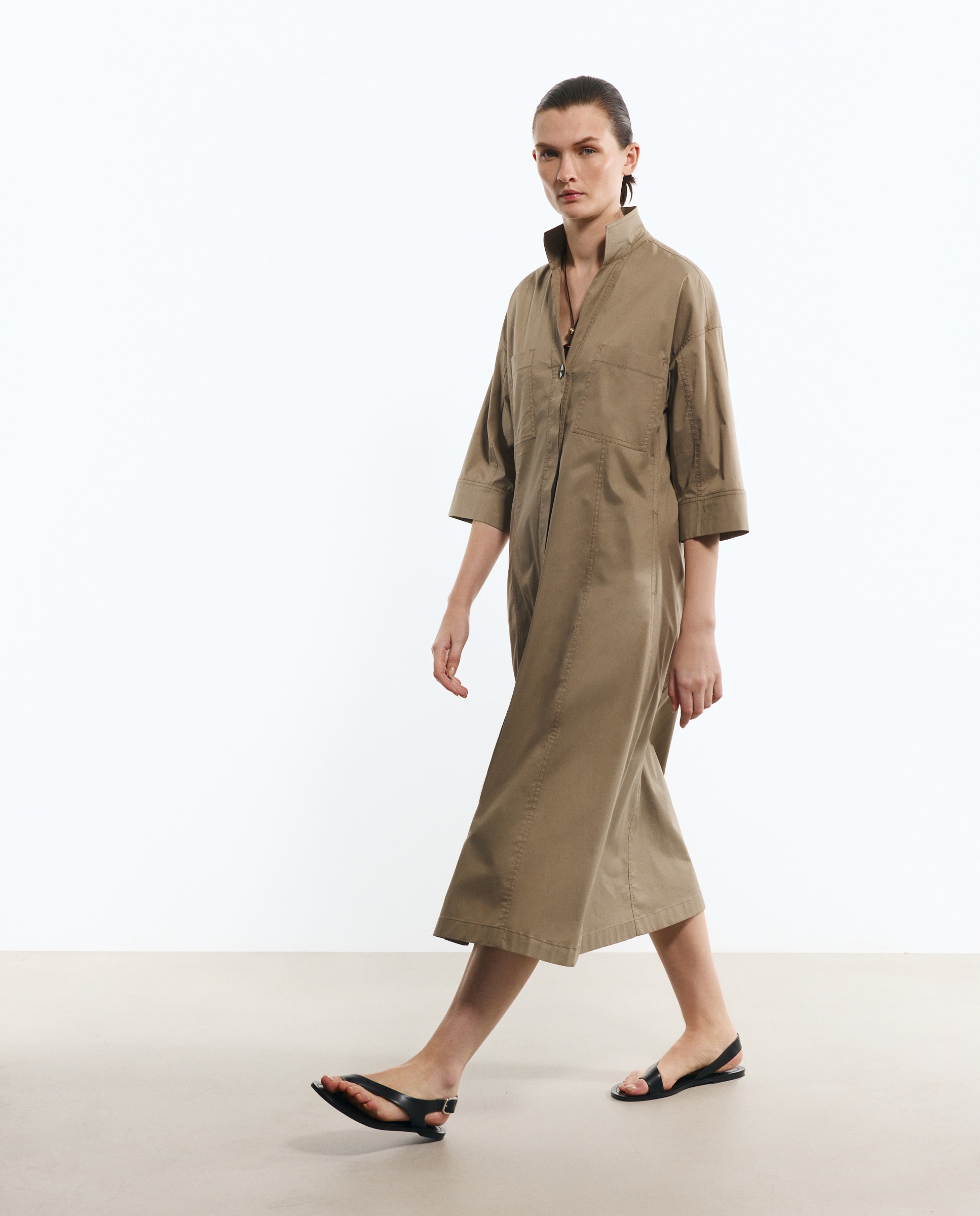 Vestido Midi com Manga 3/4 e Cinto com Fivela Caqui-3