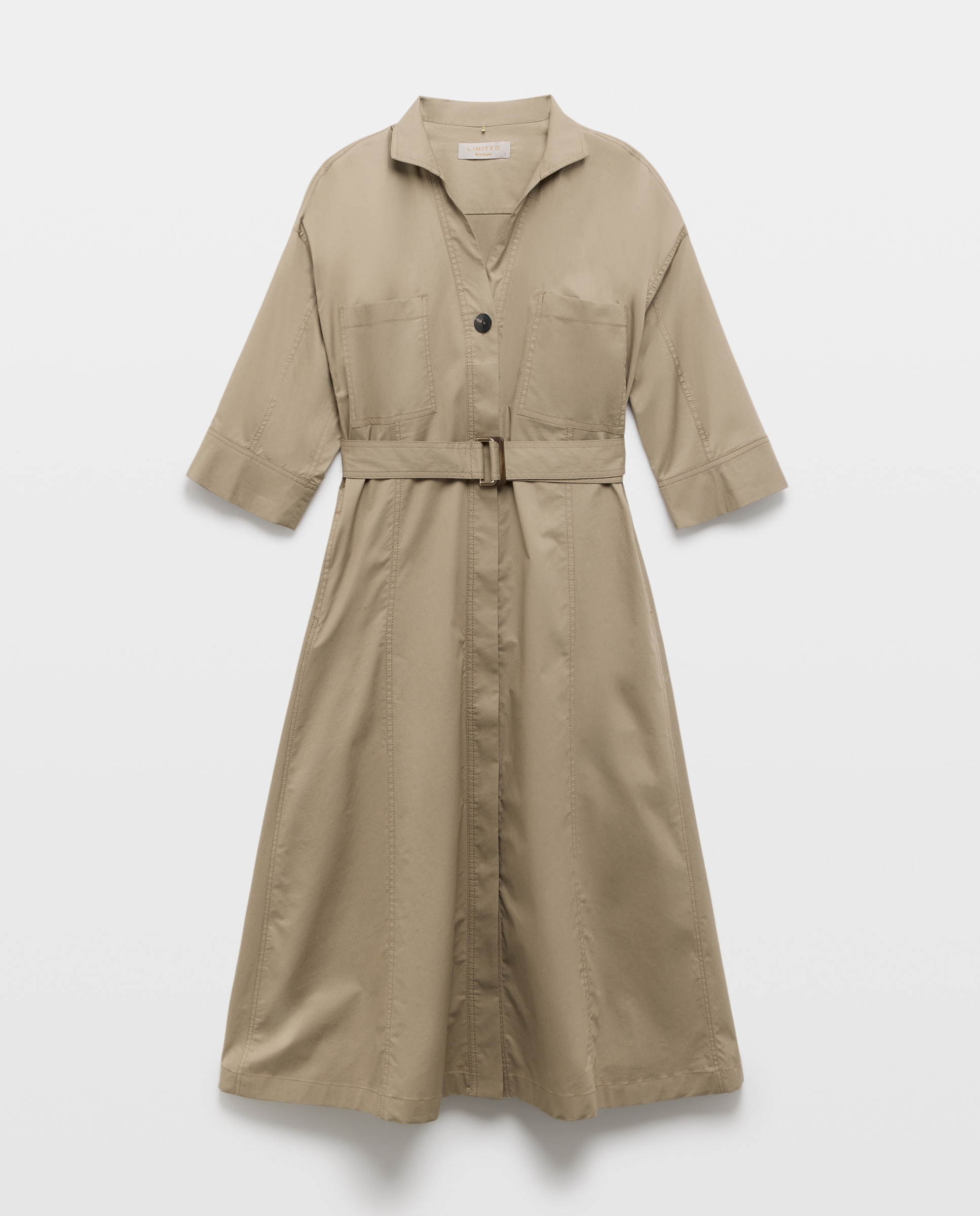 Vestido Midi com Manga 3/4 e Cinto com Fivela Caqui-5