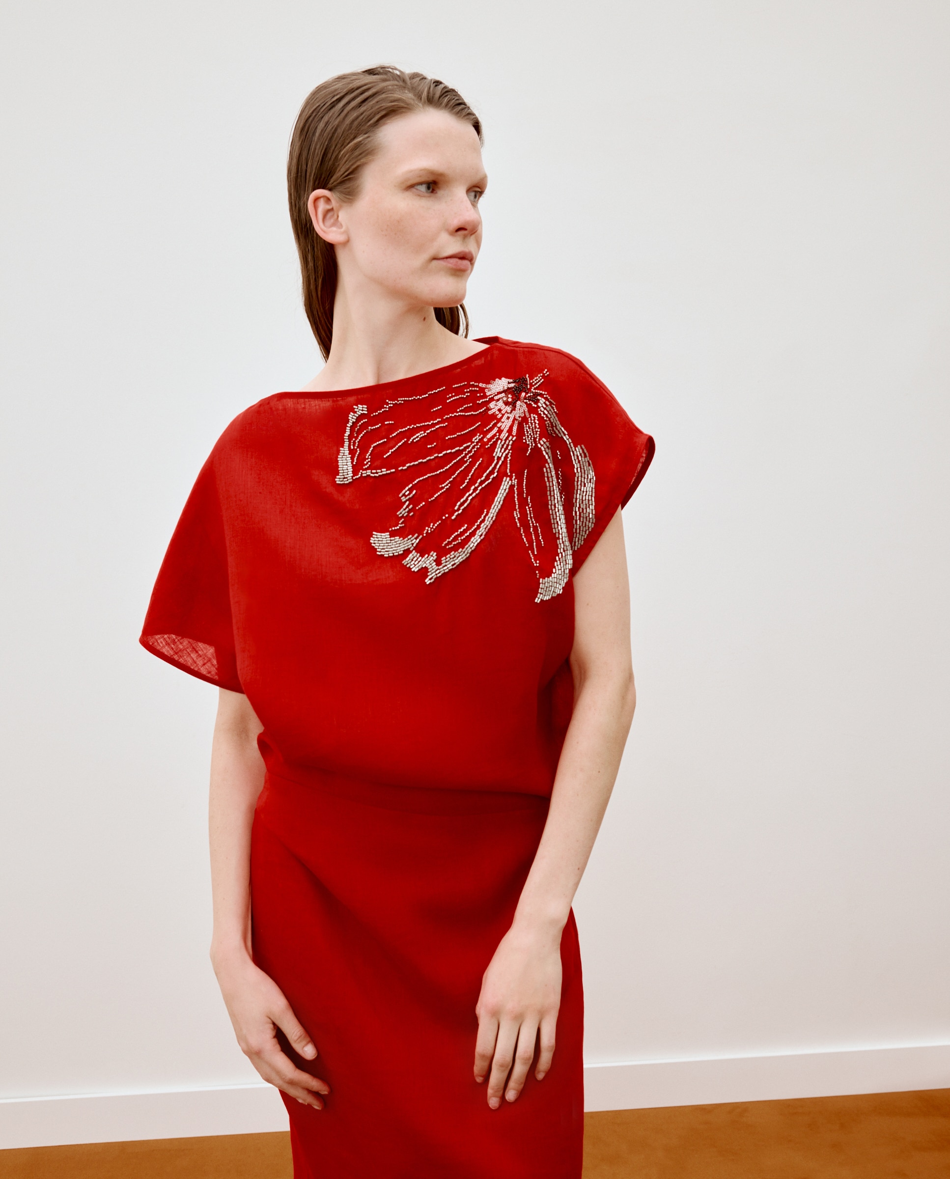 Vestido Midi com Manga 3/4 e Decote à Barco 600 Vermelho-2
