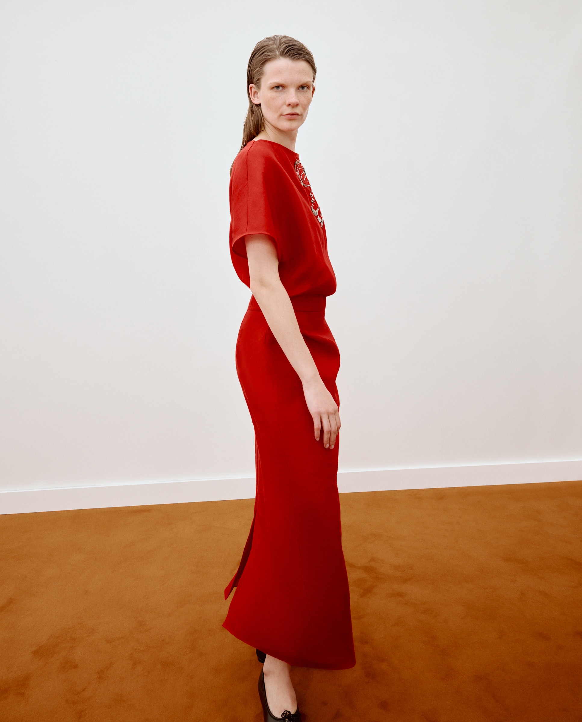 Vestido Midi com Manga 3/4 e Decote à Barco 600 Vermelho-3
