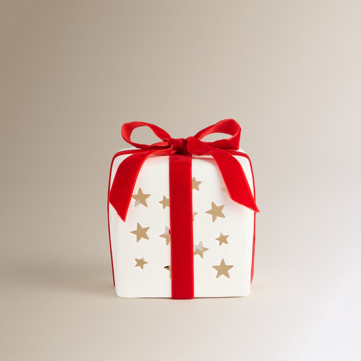 Figura Presente com Laço de Cerâmica com Luz LED Natal Branco-2