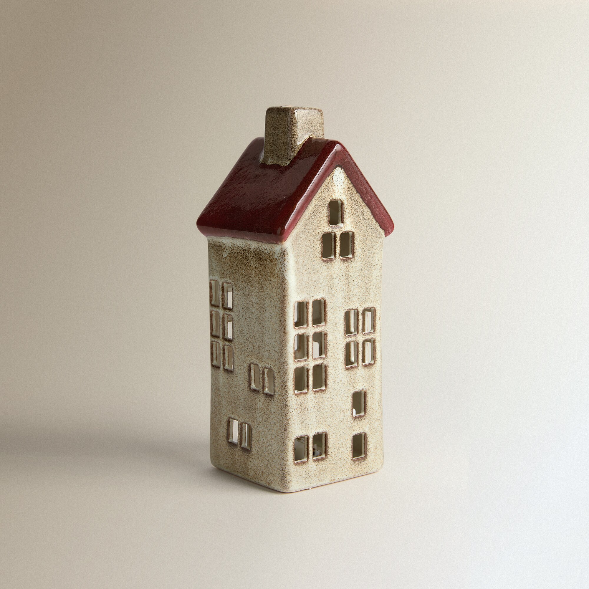 Figura Casa de Cerâmica Estreita com Luz LED Vermelho-2