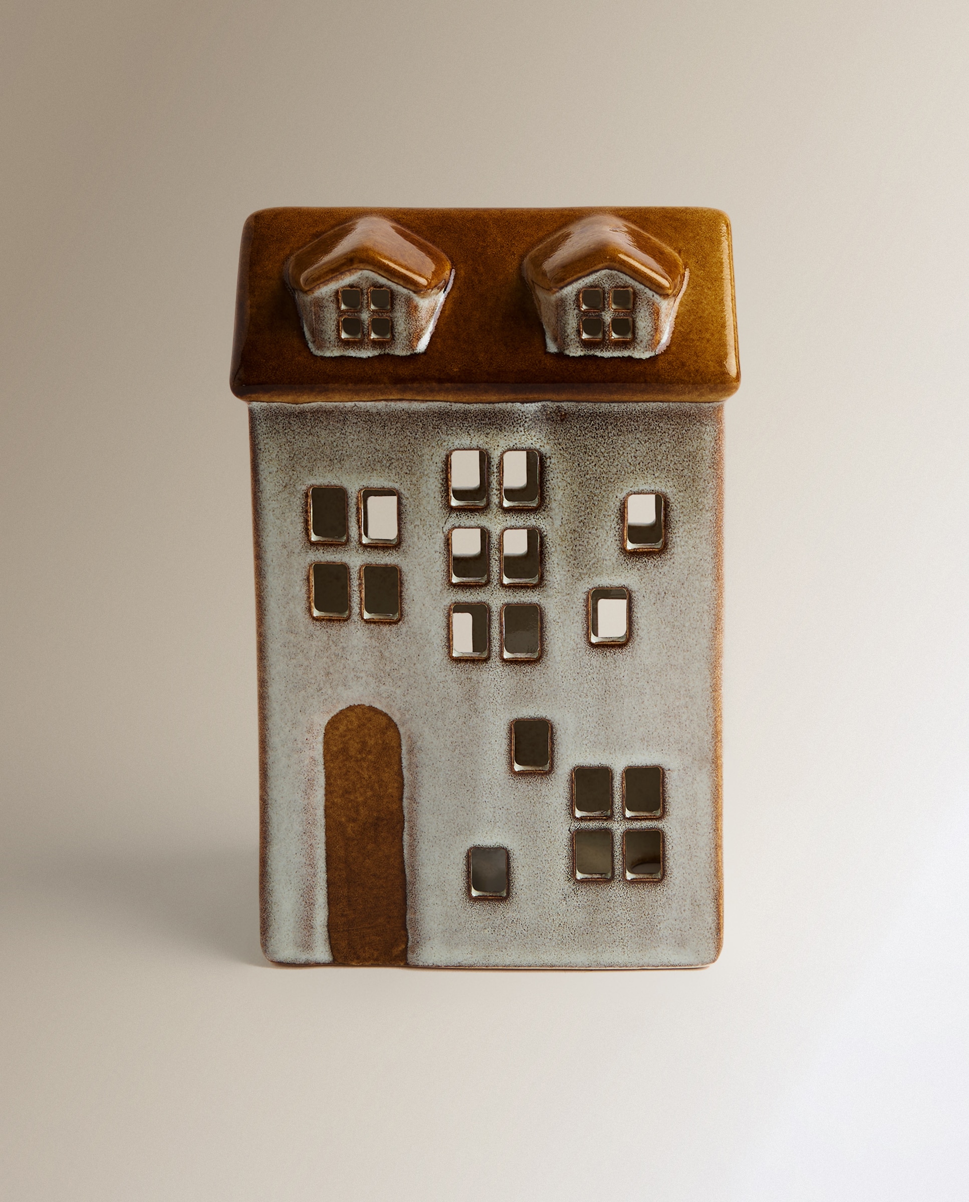 Figura Casa de cerámica ancha con luz LED Navidad - Marrón Marrón-2