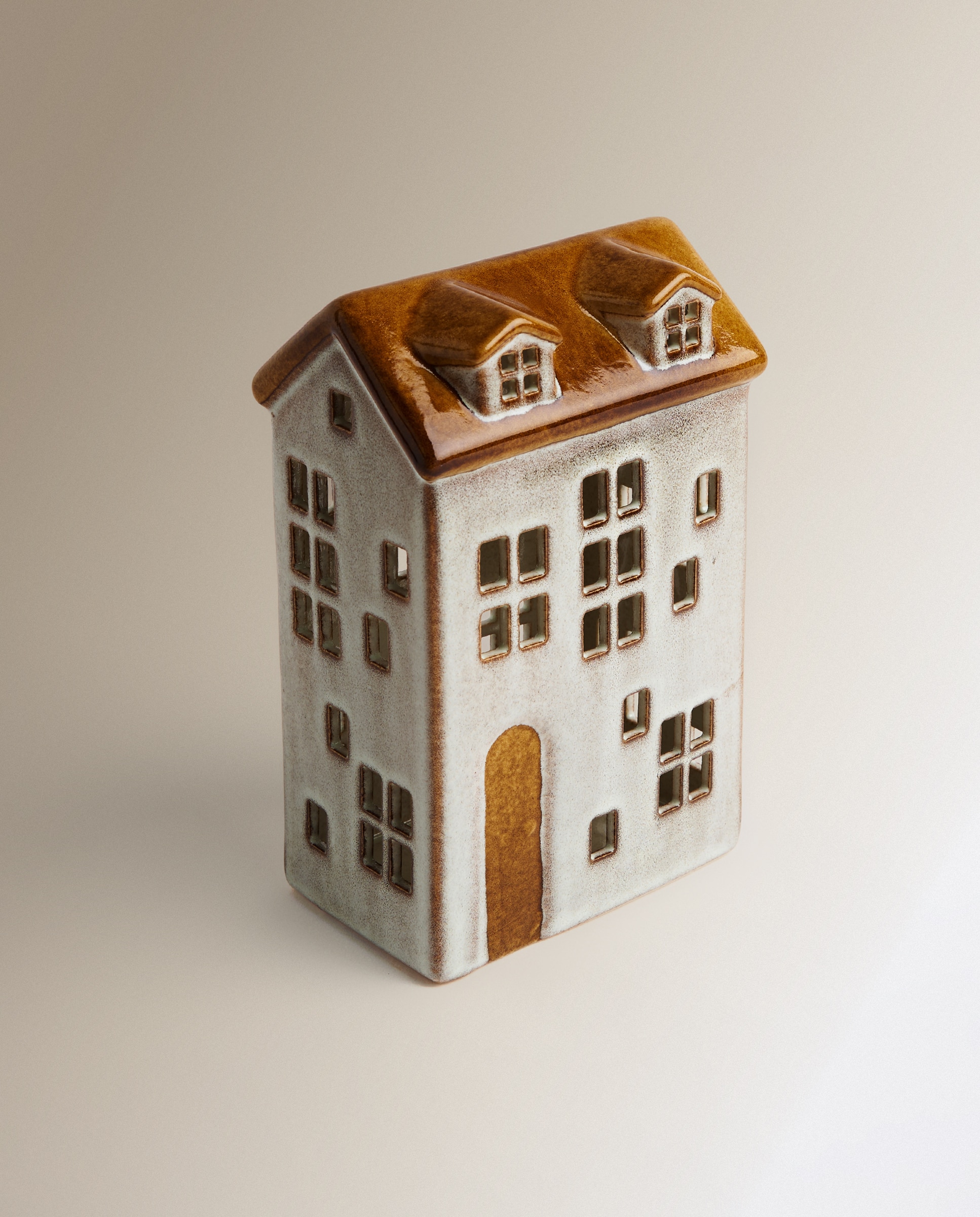 Figura Casa de cerámica ancha con luz LED Navidad - Marrón Marrón-3