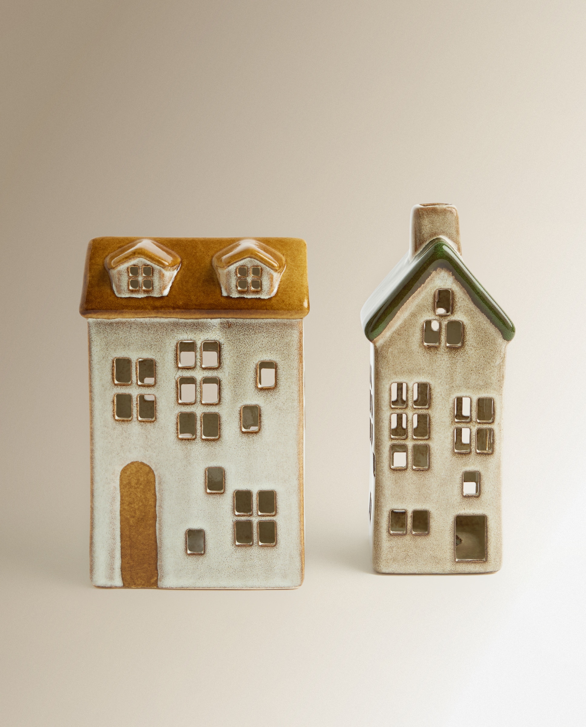 Figura Casa de cerámica ancha con luz LED Navidad - Marrón Marrón-6