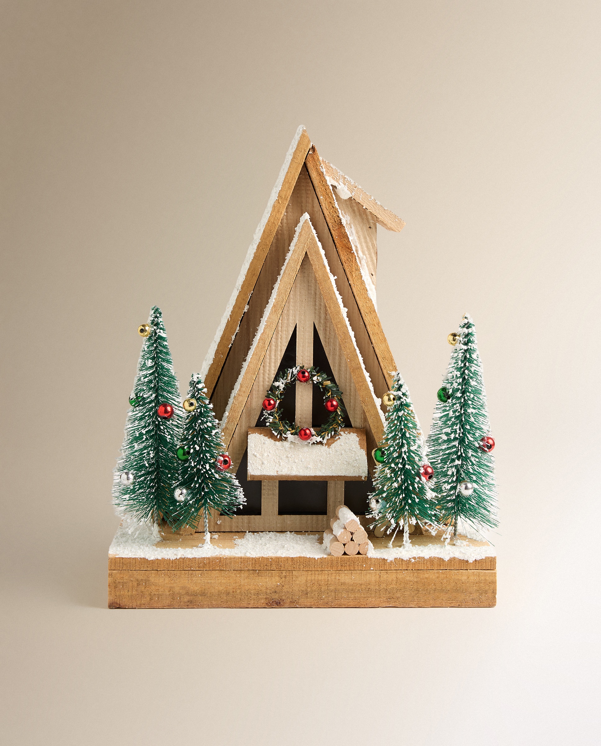 Figura Casa de madera nevada con luz LED Navidad - Natural Natural-2