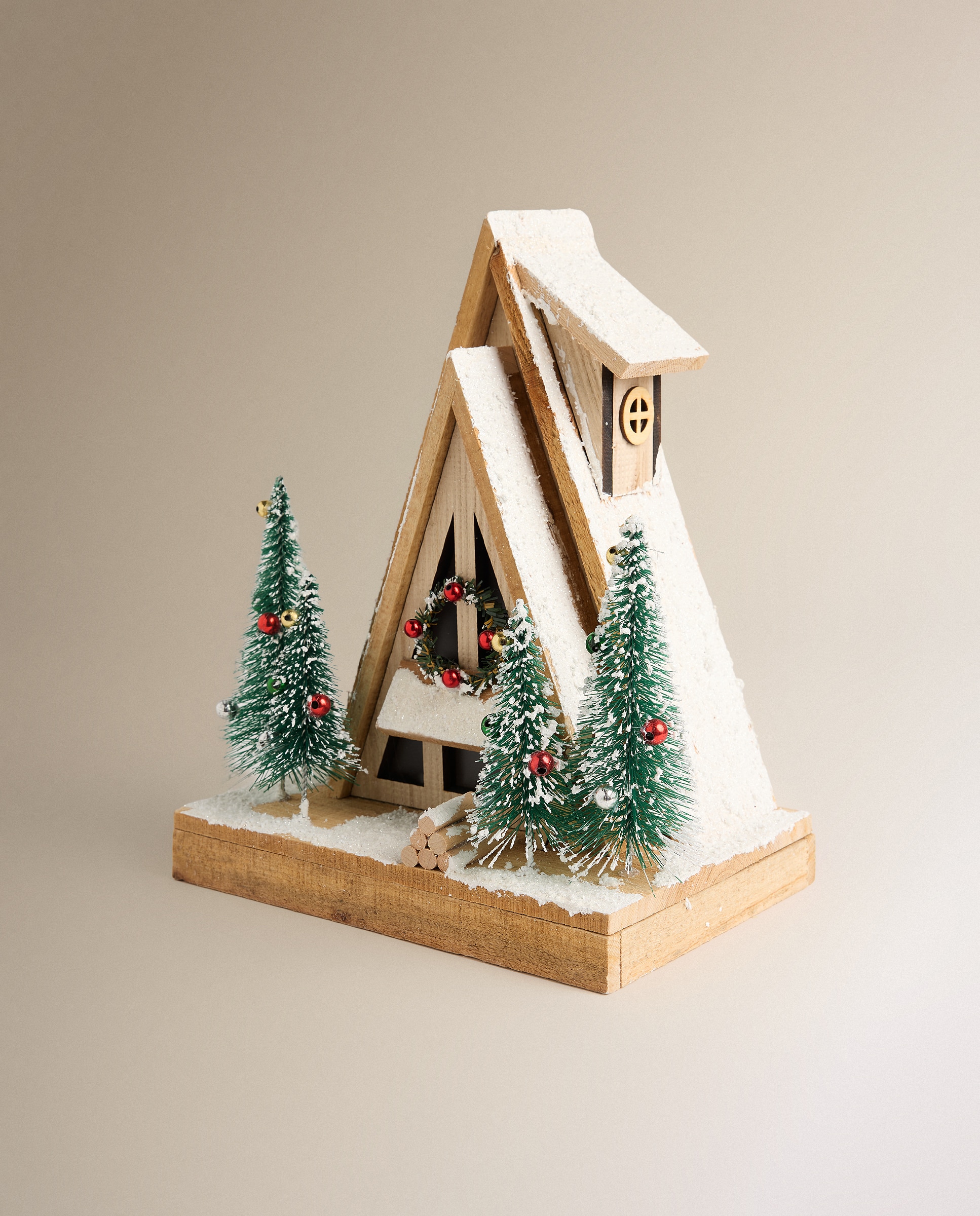 Figura Casa de madera nevada con luz LED Navidad - Natural Natural-3