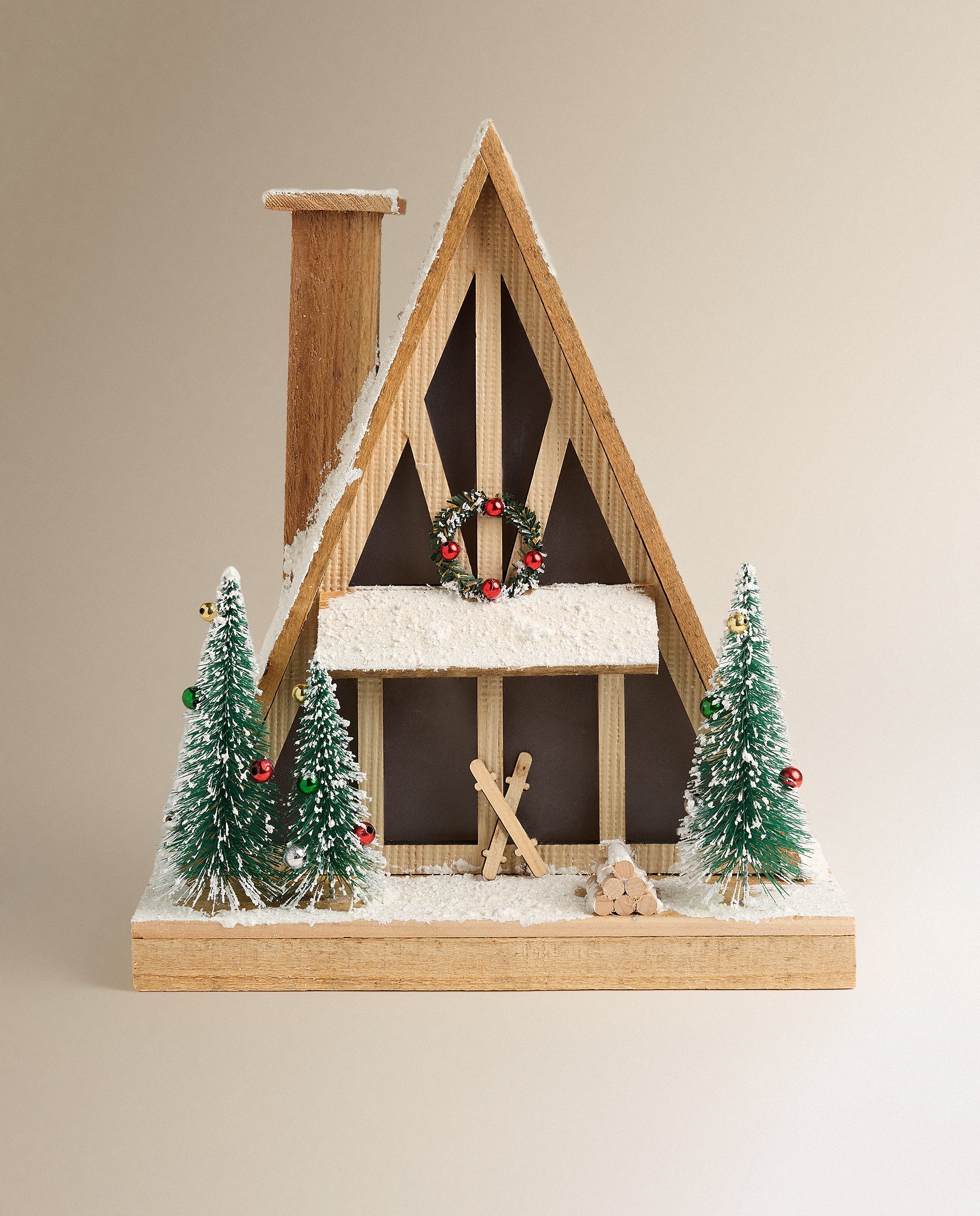 Figura Casa de madera esquí con luz LED Navidad - Natural Natural-2