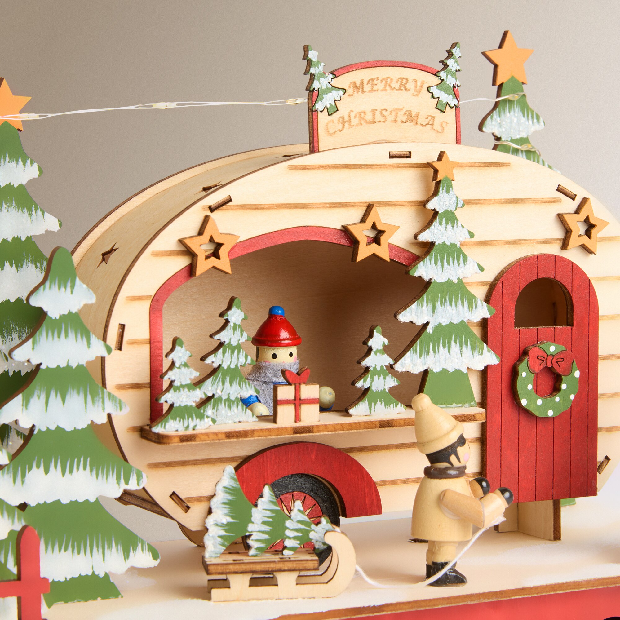 Figura Caravana de Madeira com 15 Luzes LED Natal Vermelho-3