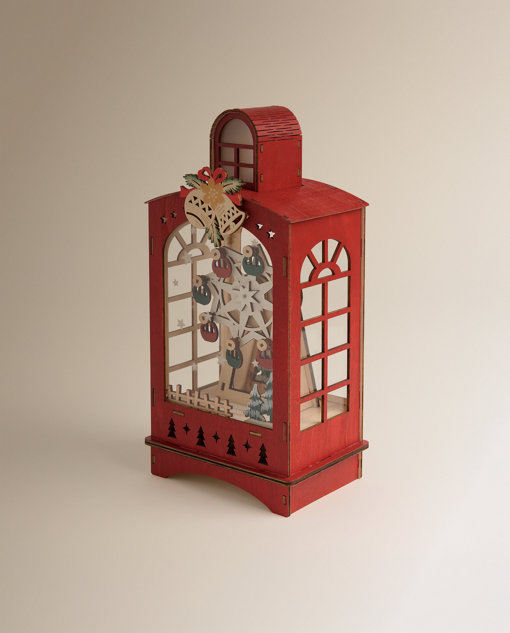 Figura de Madeira Lanterna Roda Gigante com 8 Luzes LED Natal Vermelho-3