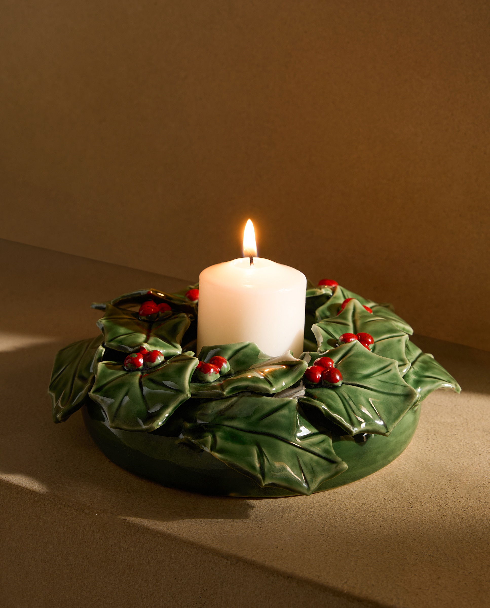 Imagen 1 de Portavelas de cerámica Acebo Navidad Verde